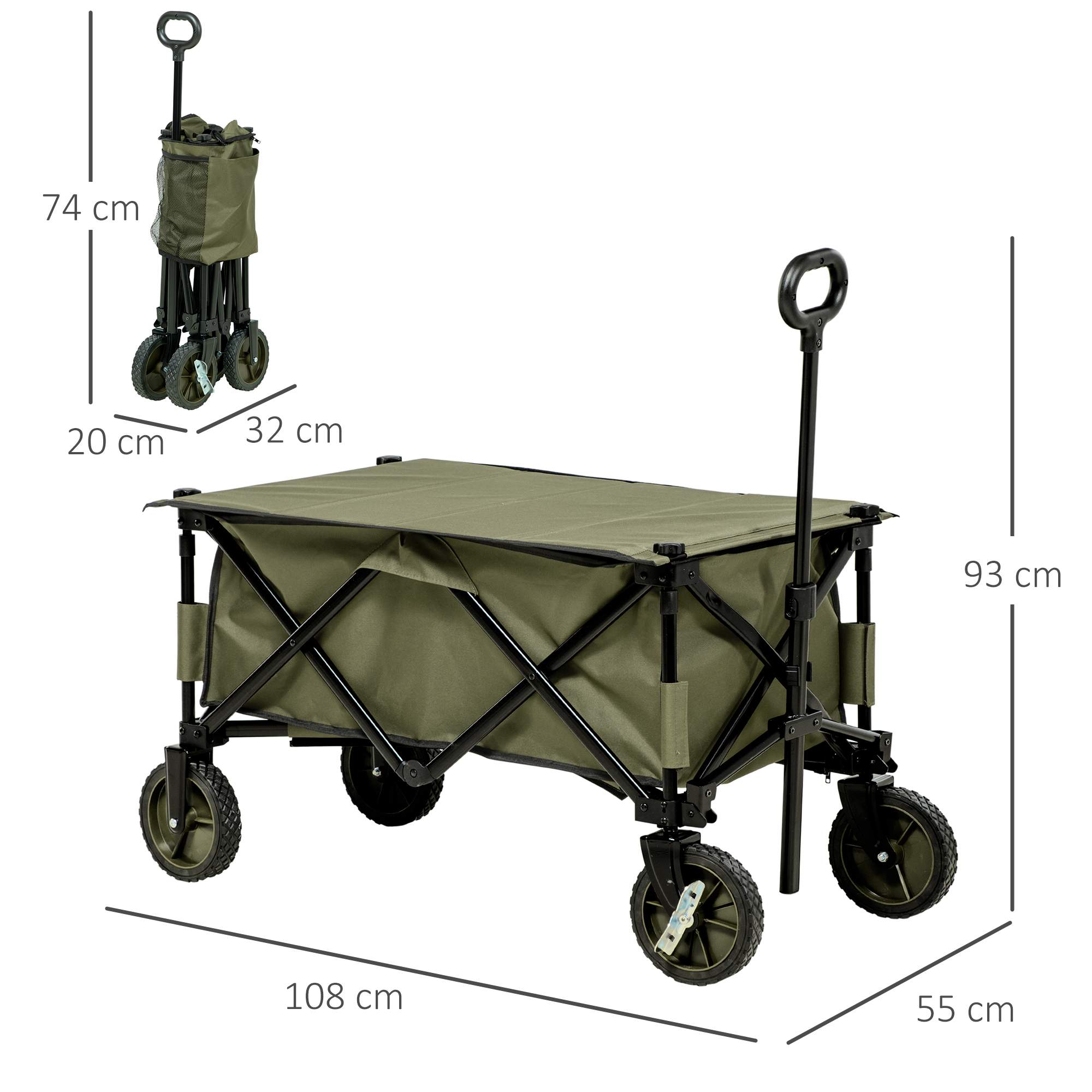 Grüner Klappwagen mit angegebenen Abmessungen. Eine kleinere, zusammengeklappte Version ist sichtbar.