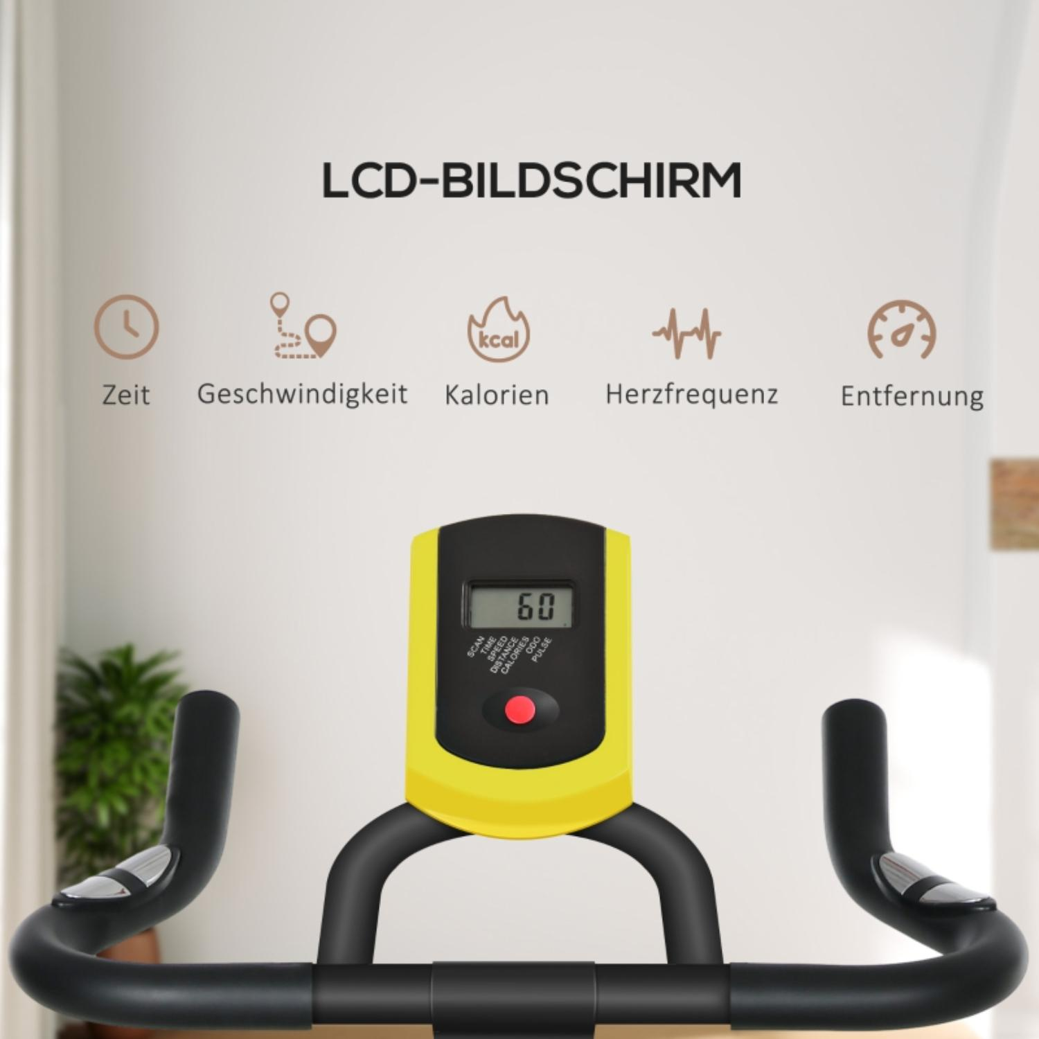 Nahaufnahme eines Trainingsfahrrad-Displays mit Zeit, Geschwindigkeit, Kalorien, Herzfrequenz und Distanz.