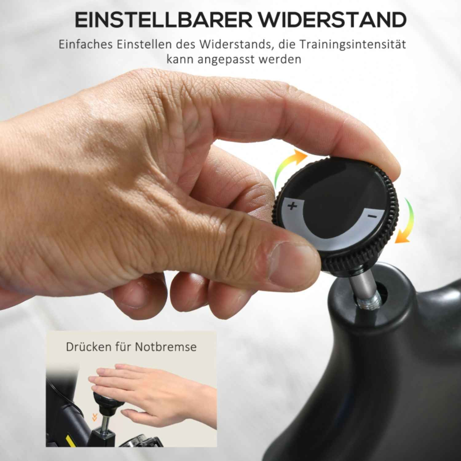 Nahaufnahme des Widerstandseinstellungsknopfs eines Trainingsfahrrads. Eine Hand dreht den Knopf mit Plus- und Minuszeichen.