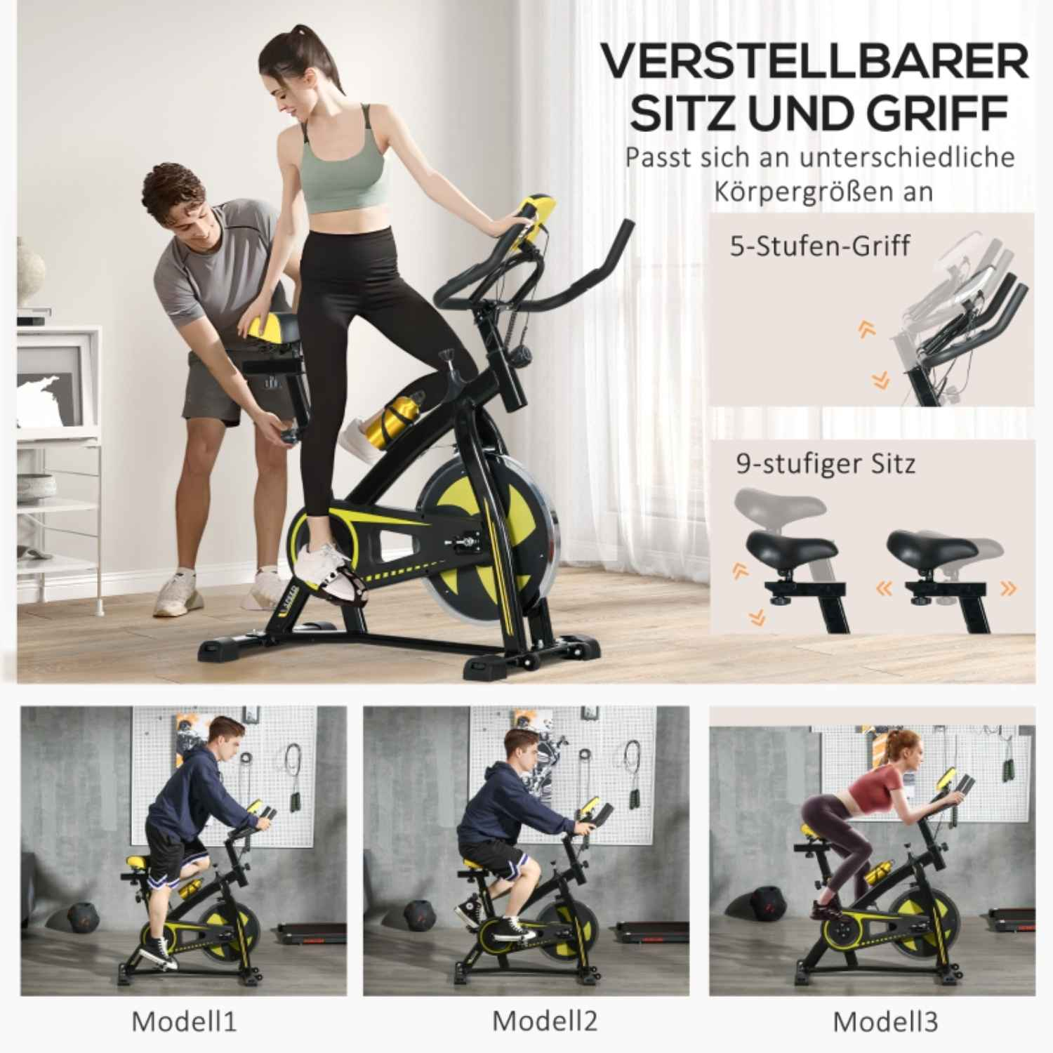 Mehrere Bilder, die Funktionen und Einstellungen des Heimtrainers demonstrieren. Personen, die das Fahrrad benutzen.
