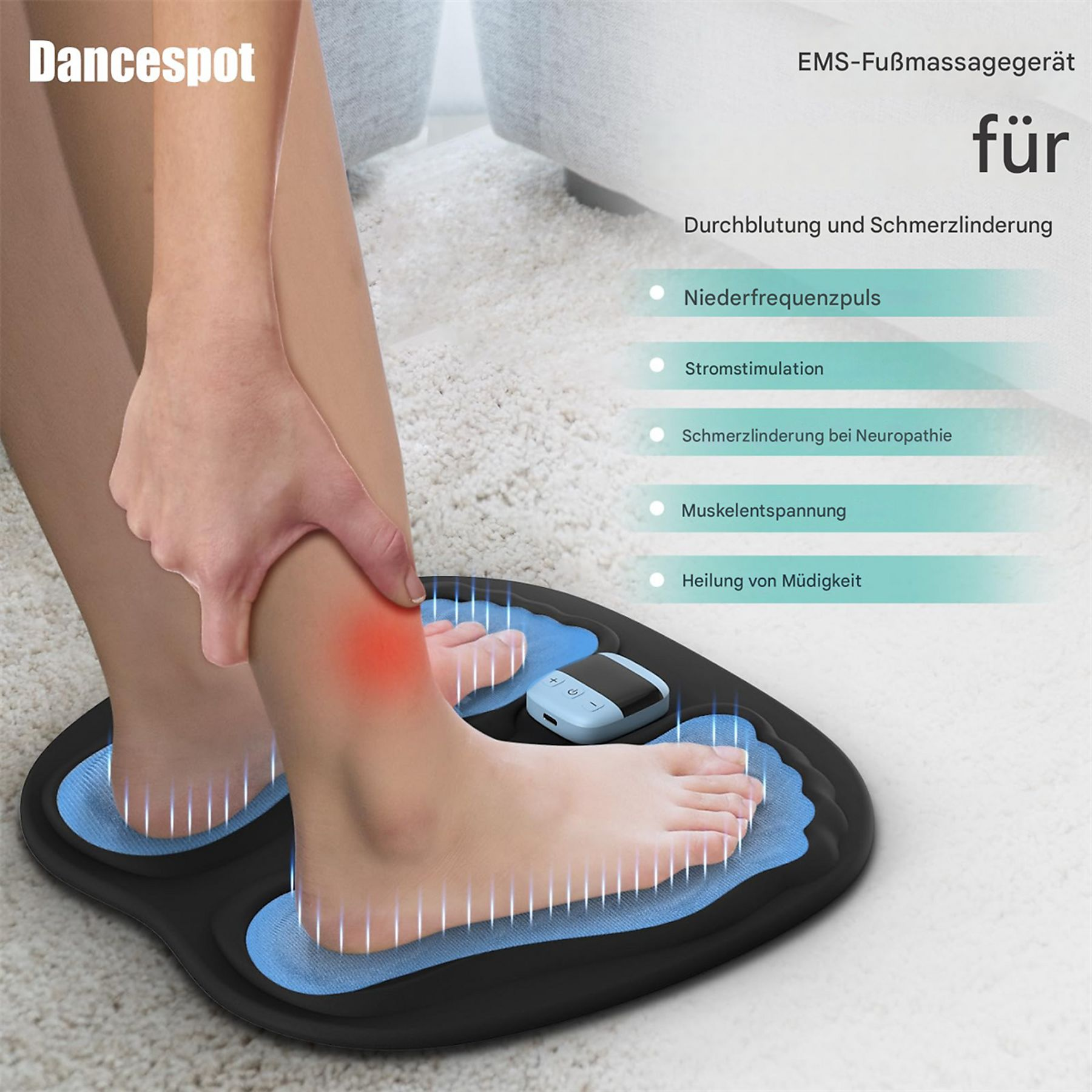 Fußmassagegerät mit einem Fuß darauf. Der Fuß ist rot, was auf Schmerzen hindeutet. Weiße Linien sind sichtbar.