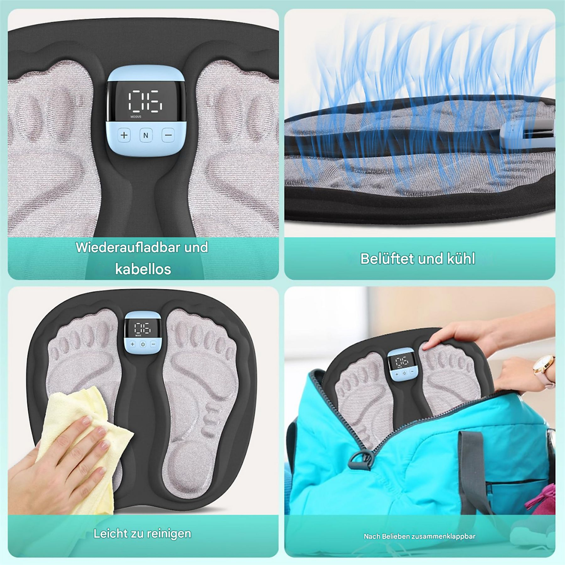 Vier Bilder mit Funktionen eines Fußmassagegeräts. Enthält Digitalanzeige, Belüftung, Reinigung und Falten.