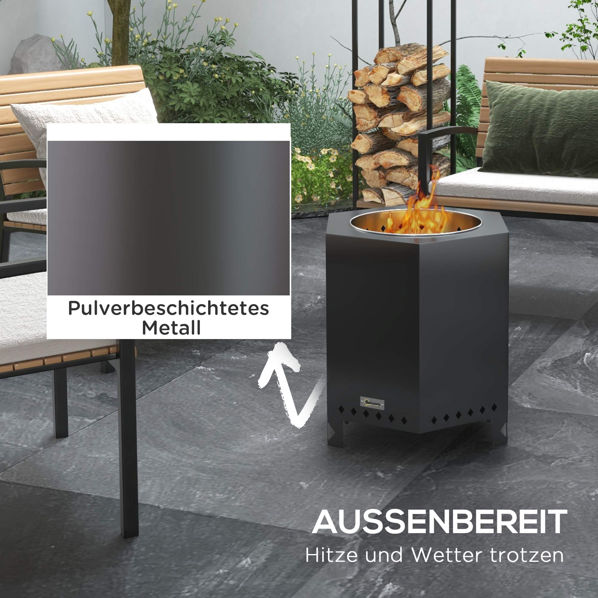 Szene im Freien mit einer schwarzen Feuerstelle. Es brennt ein Feuer darin. Die Grube befindet sich auf einer grauen Steinplatte.
