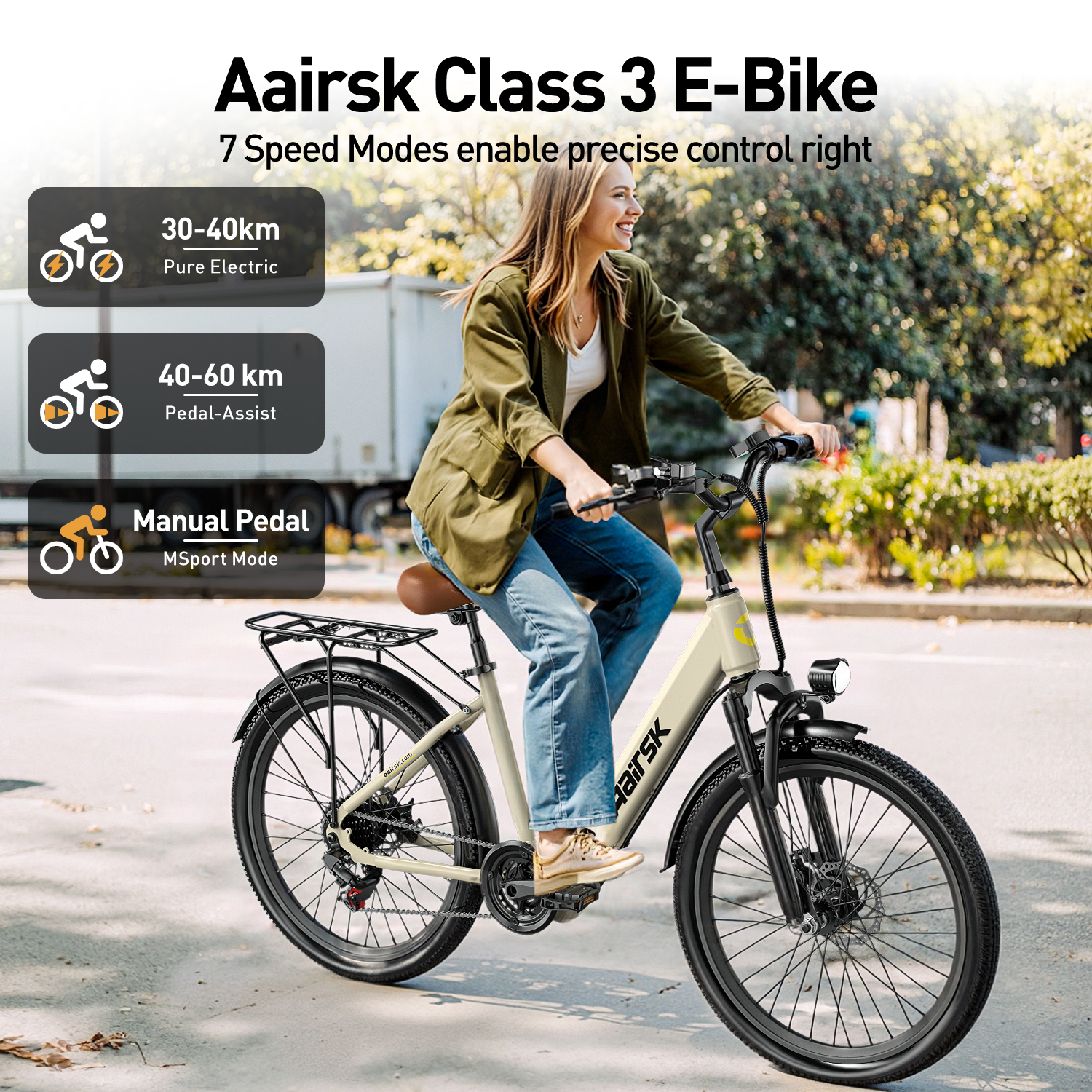 Frau fährt beiges E-Bike. Text beschreibt 7 Geschwindigkeitsmodi. Weißer Hintergrund.