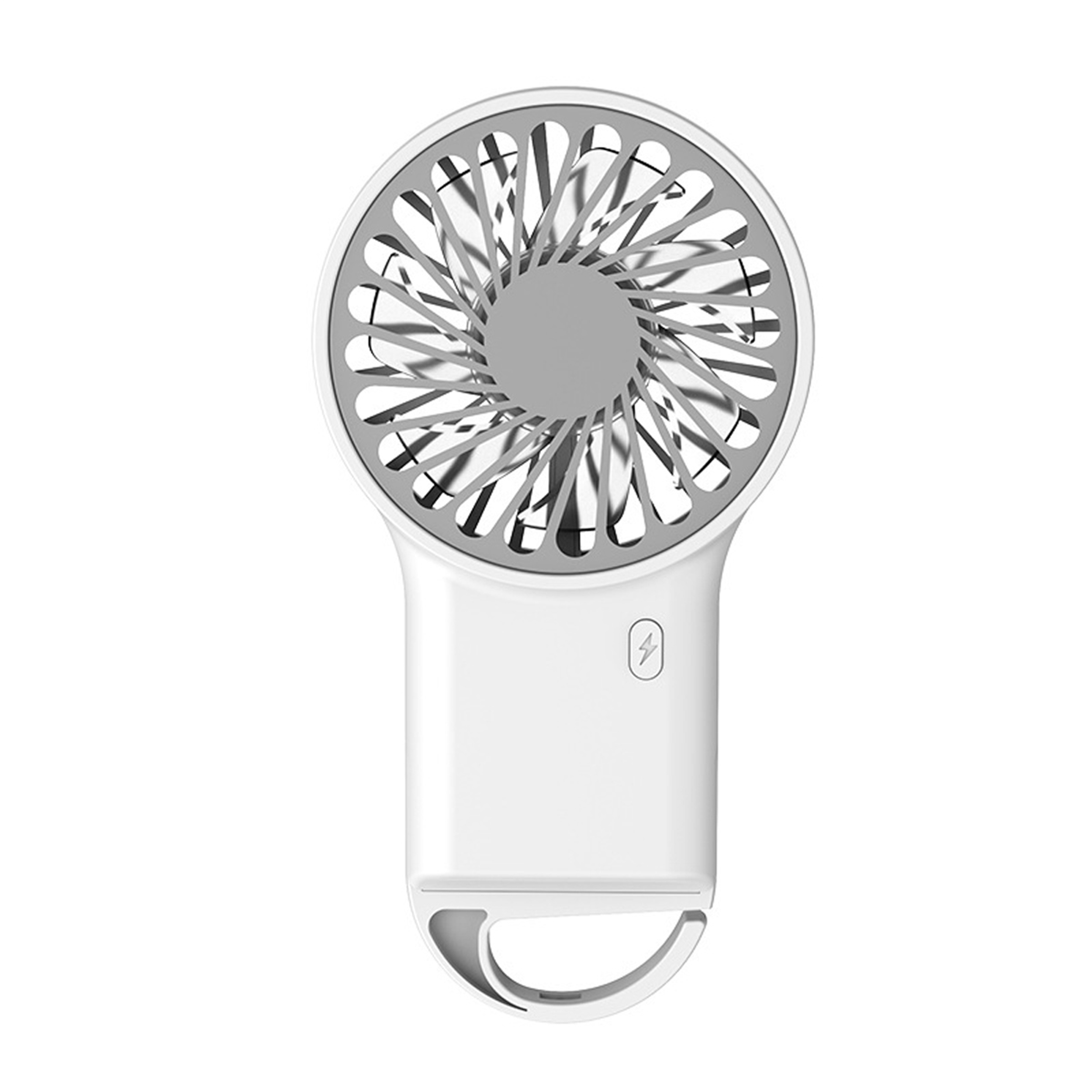 Ein weißer tragbarer Ventilator mit Griff. Der Ventilator hat eine graue Netzabdeckung.