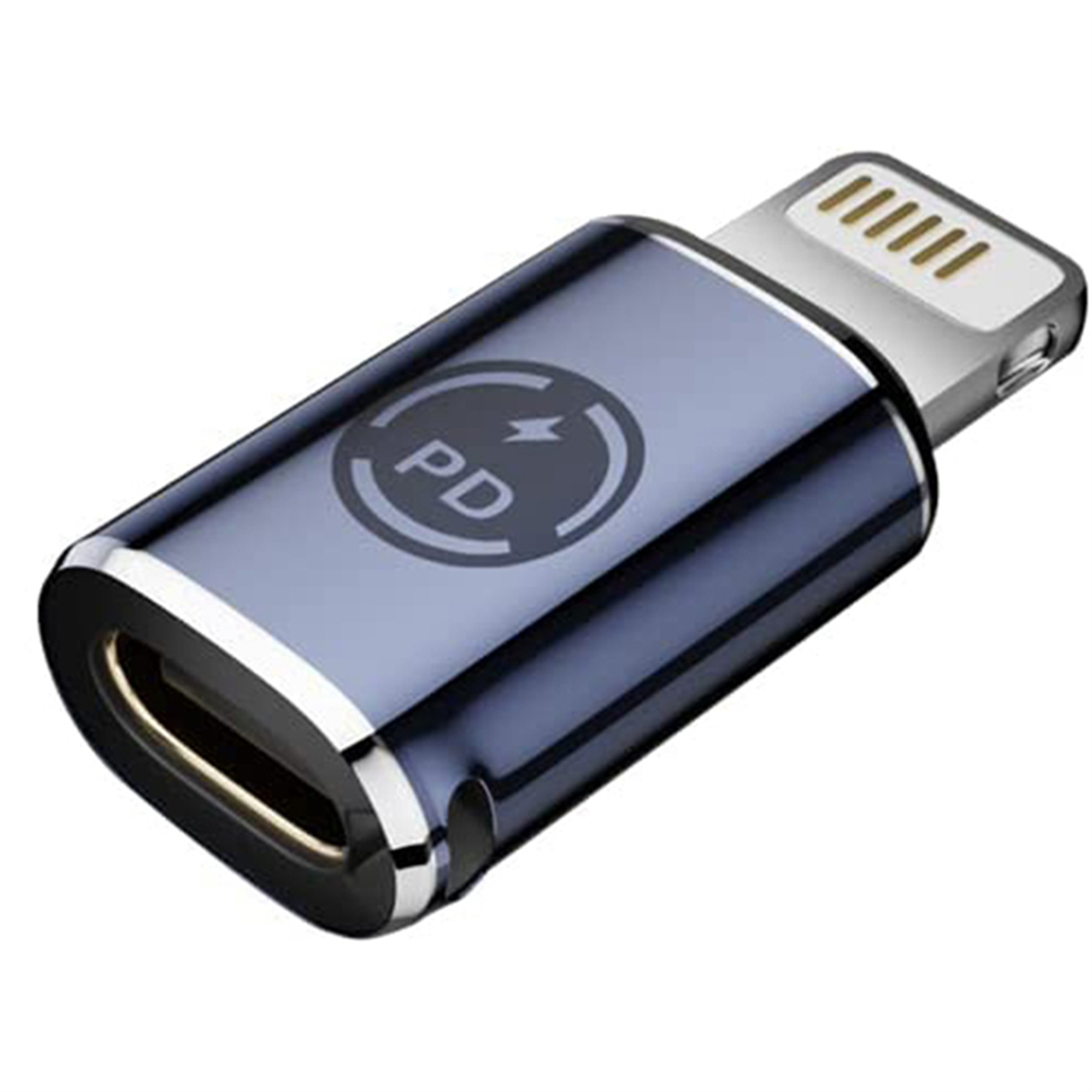 Blau-silberner USB-C-auf-Lightning-Adapter. Der Adapter hat ein PD-Logo.