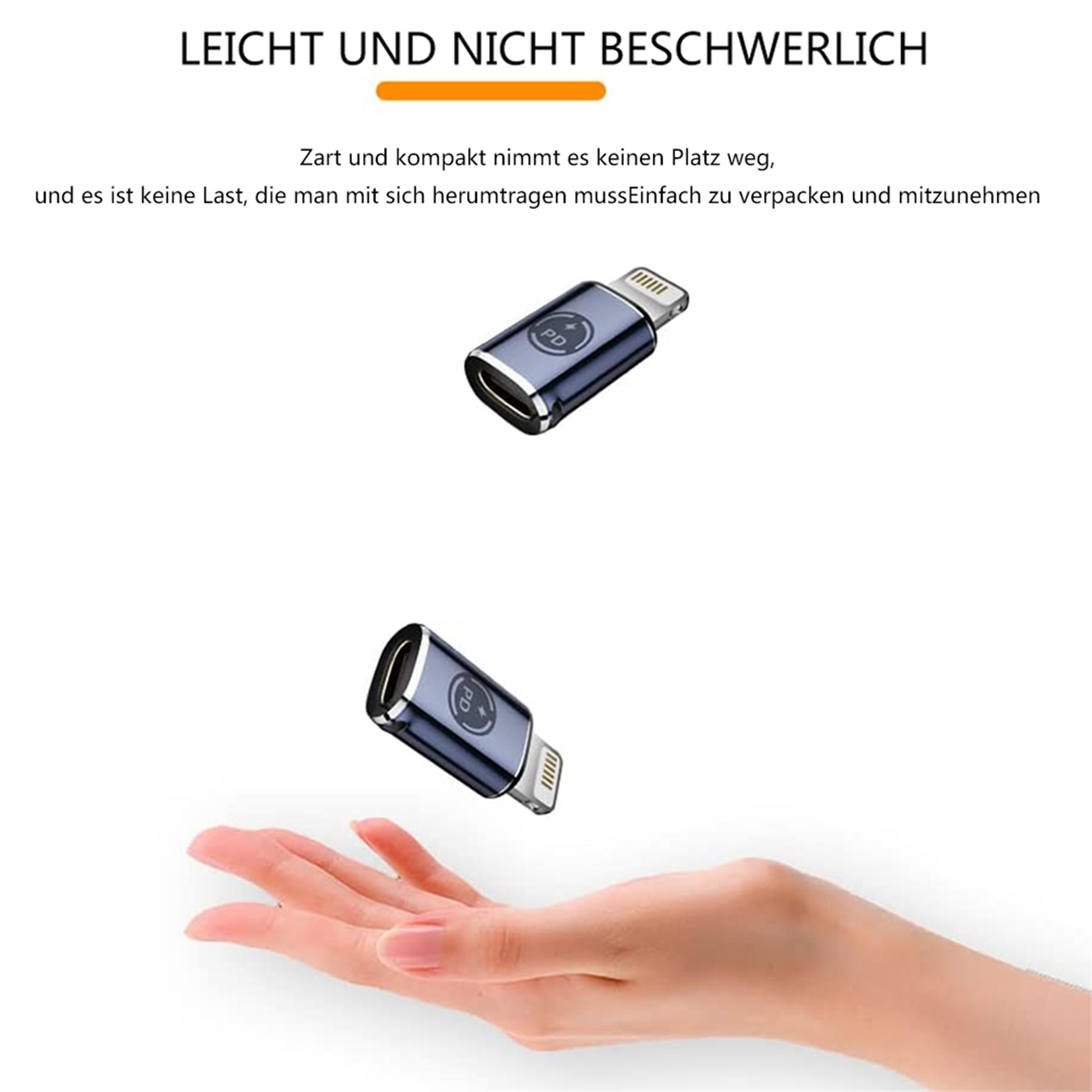Zwei silberne USB-C-Adapter. Ein Adapter wird von einer Hand gehalten.