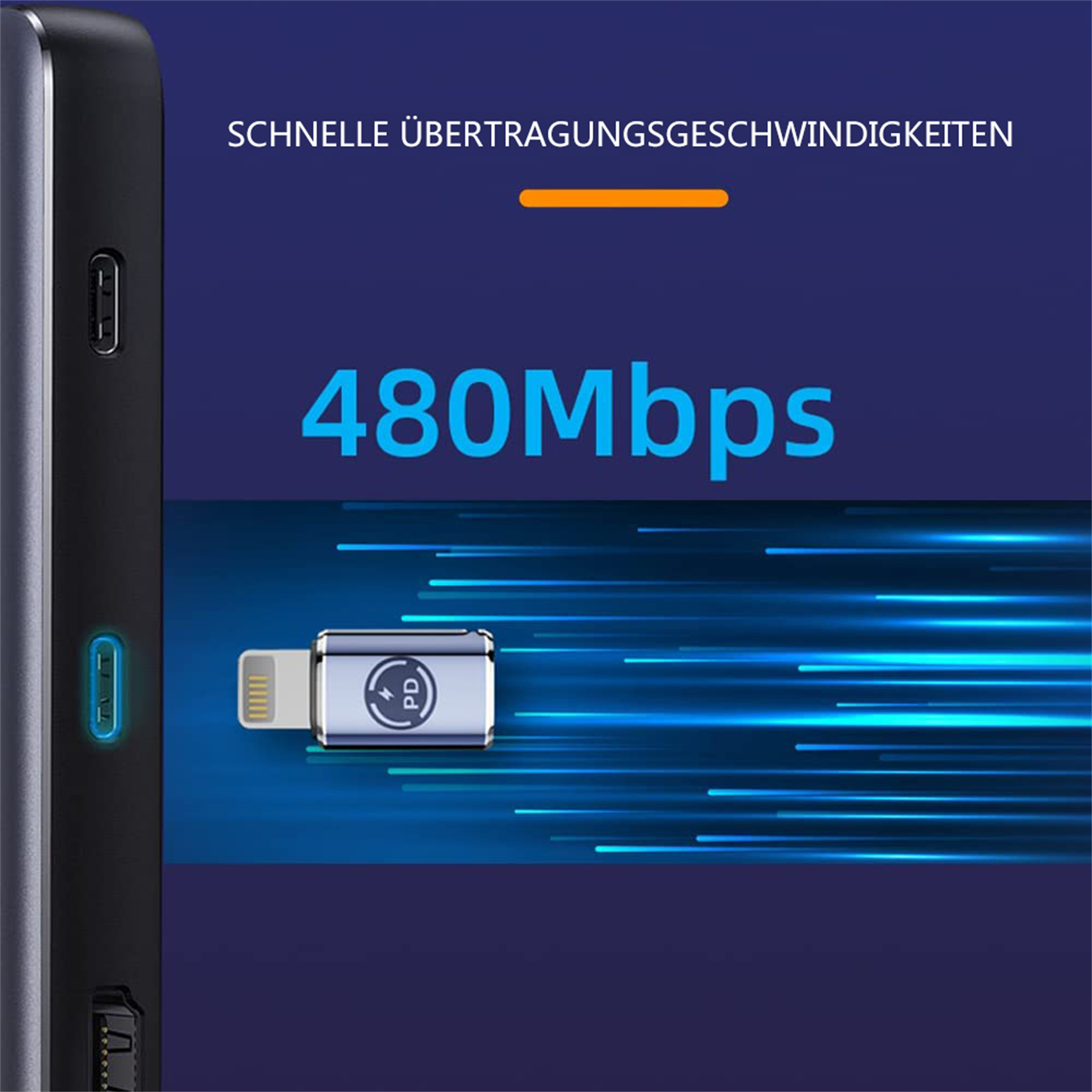 Ein dunkelblauer Hintergrund mit einem silbernen USB-C-zu-Lightning-Adapter, der die Datenübertragungsgeschwindigkeit zeigt: 480 Mbit/s.