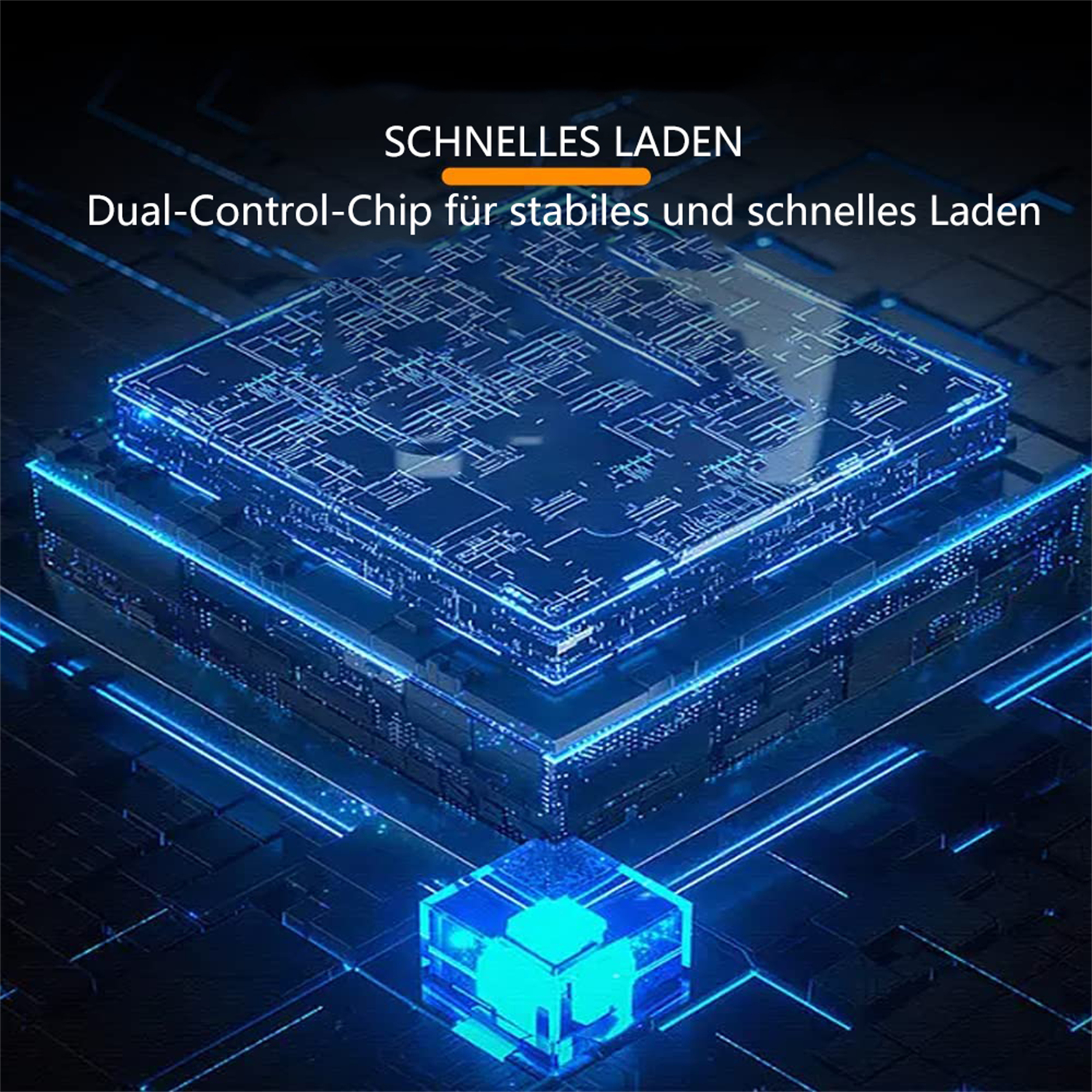 Eine beleuchtete Leiterplatte mit blauen Lichtern.