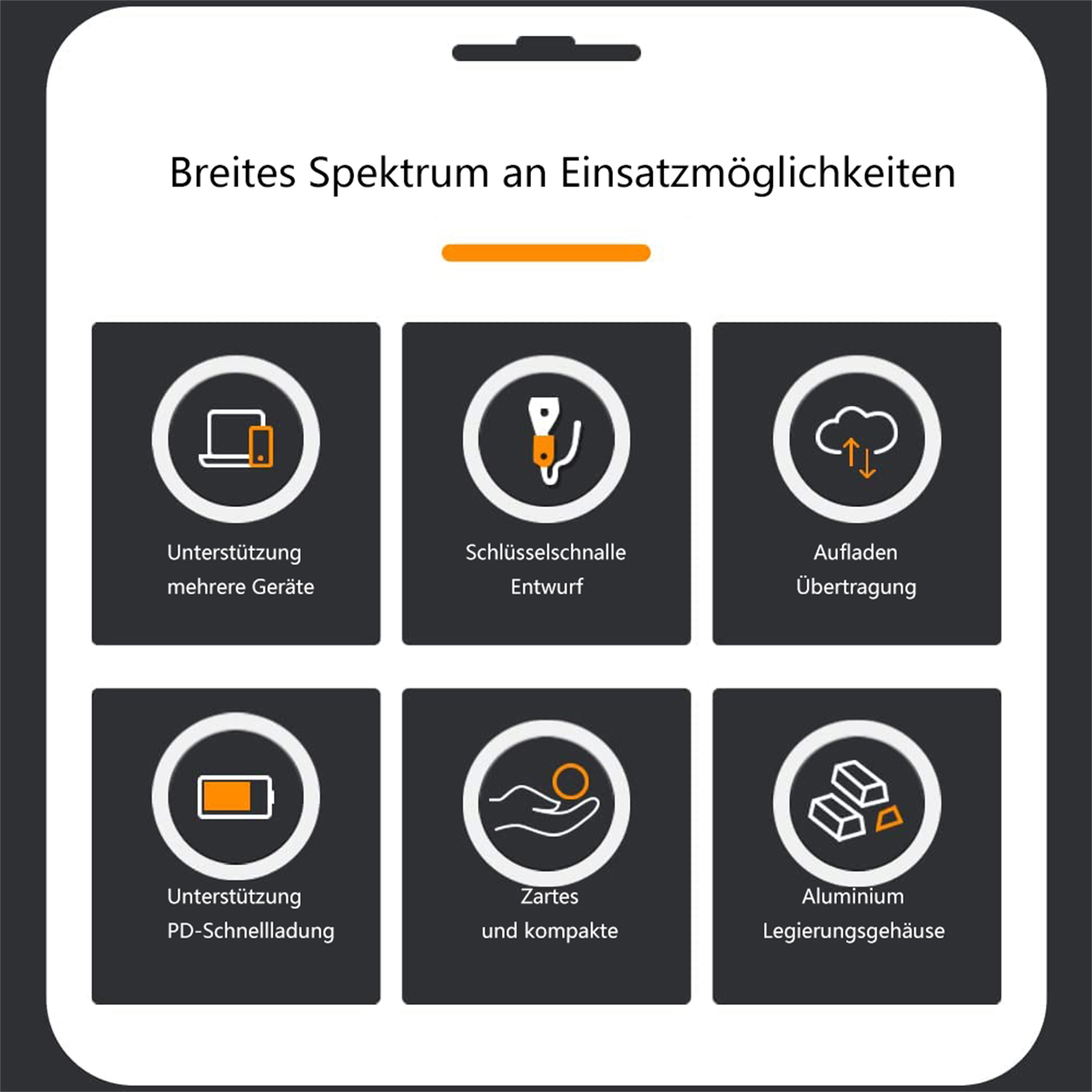 Sechs Symbole, die die Verwendung eines Geräts darstellen, einschließlich mehrerer Geräte, Schlüsselanhänger, Aufladen, PD-Aufladen, kompakt.