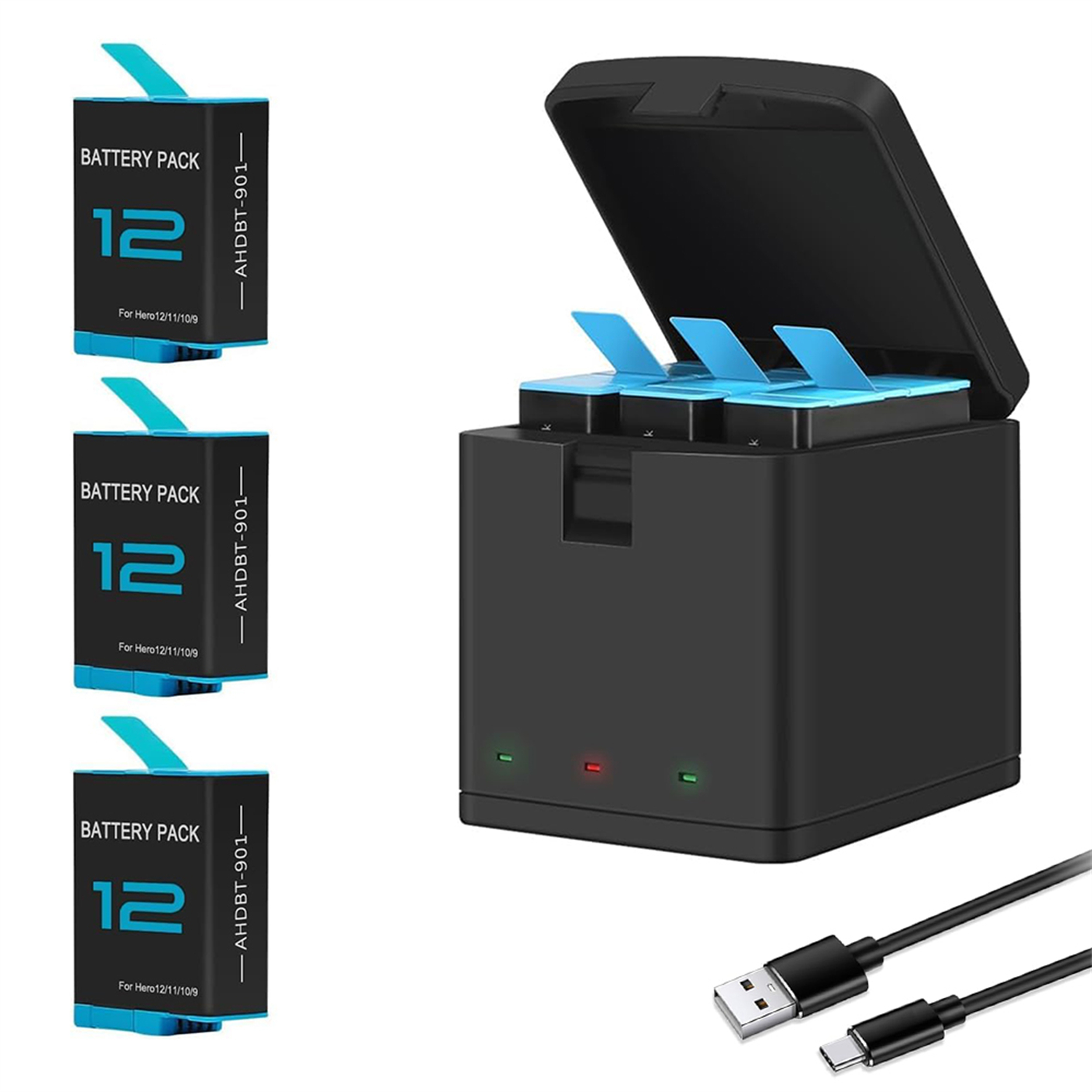 Schwarzes Ladegerät mit drei blauen Laschen, drei Akkupacks und zwei USB-Kabeln.