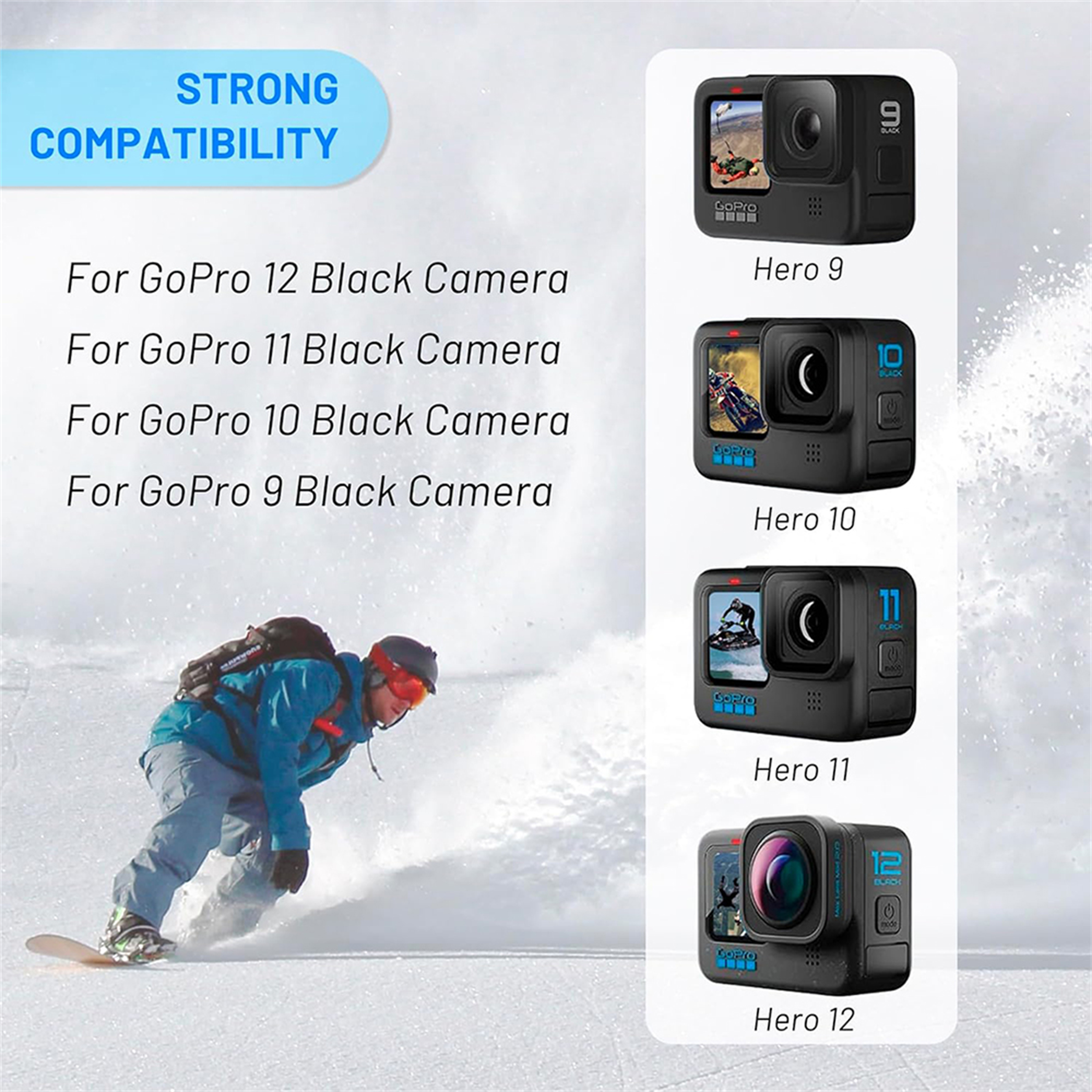 Bild zeigt GoPro-Kameras, Auflistung der Kompatibilität: GoPro 12, 11, 10 und 9 Black Cameras.