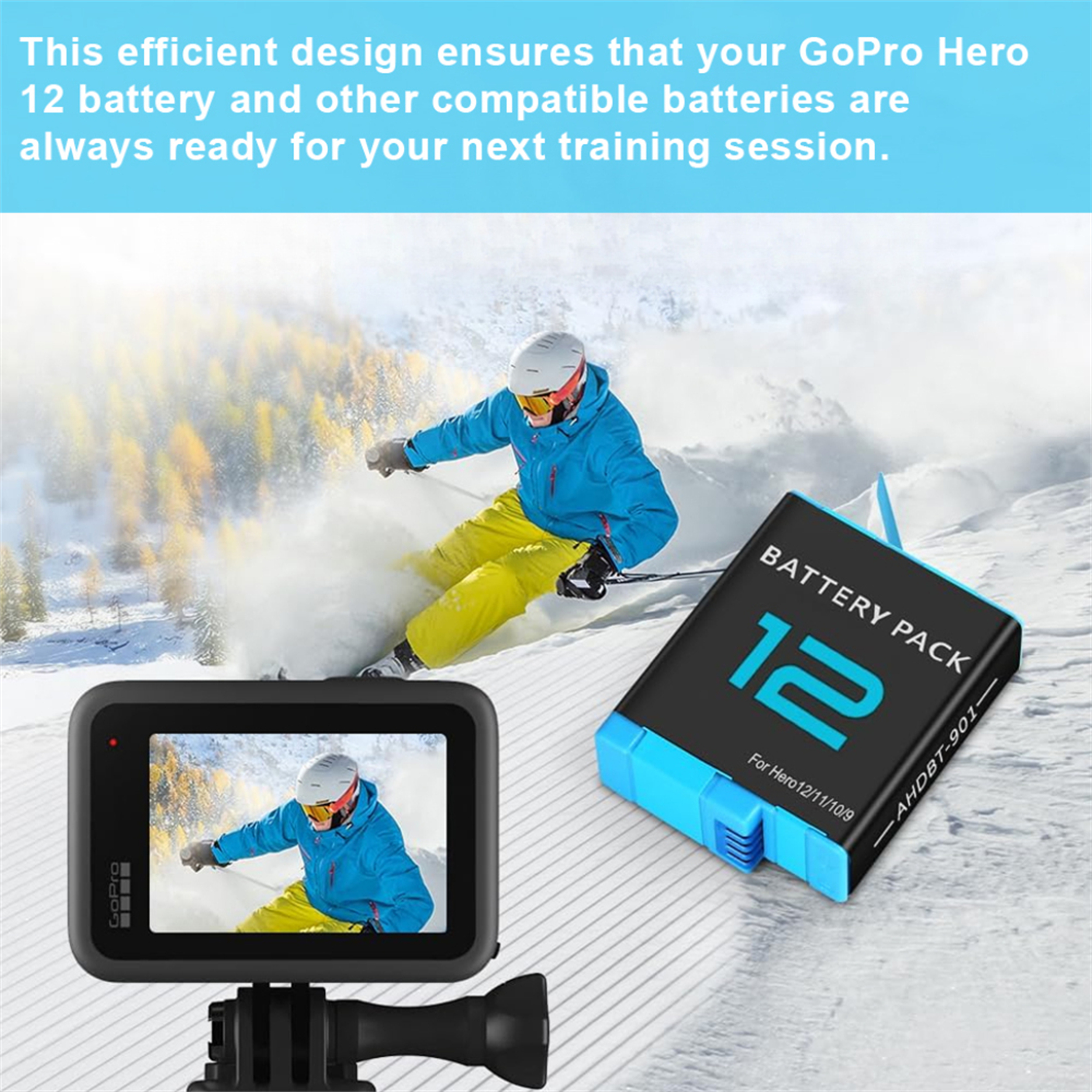 GoPro-Kamera, Akku und Skifahrer auf verschneitem Berg.