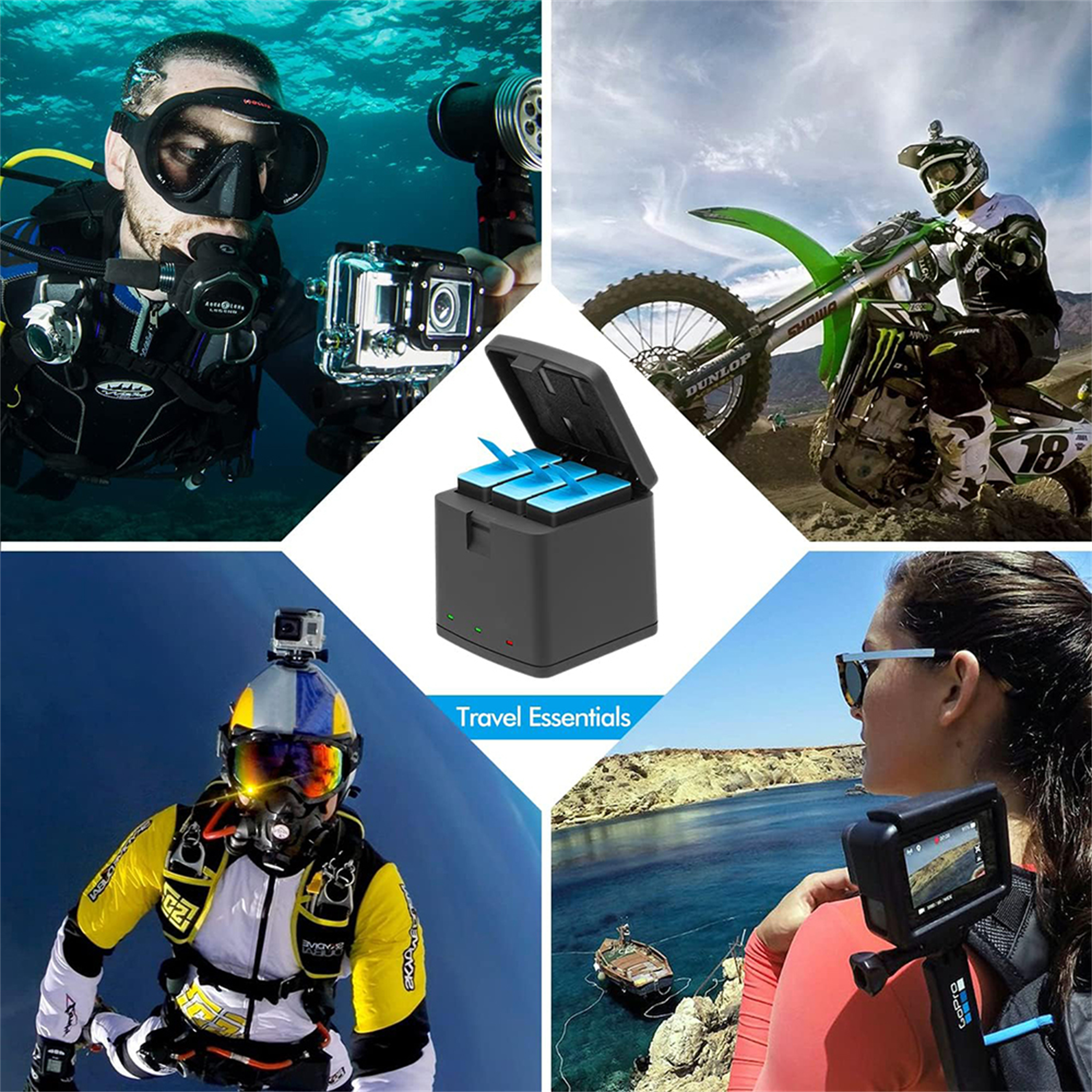 Collage mit einer schwarzen Ladestation, Tauchern, Fallschirmspringern und GoPro-Kameras.