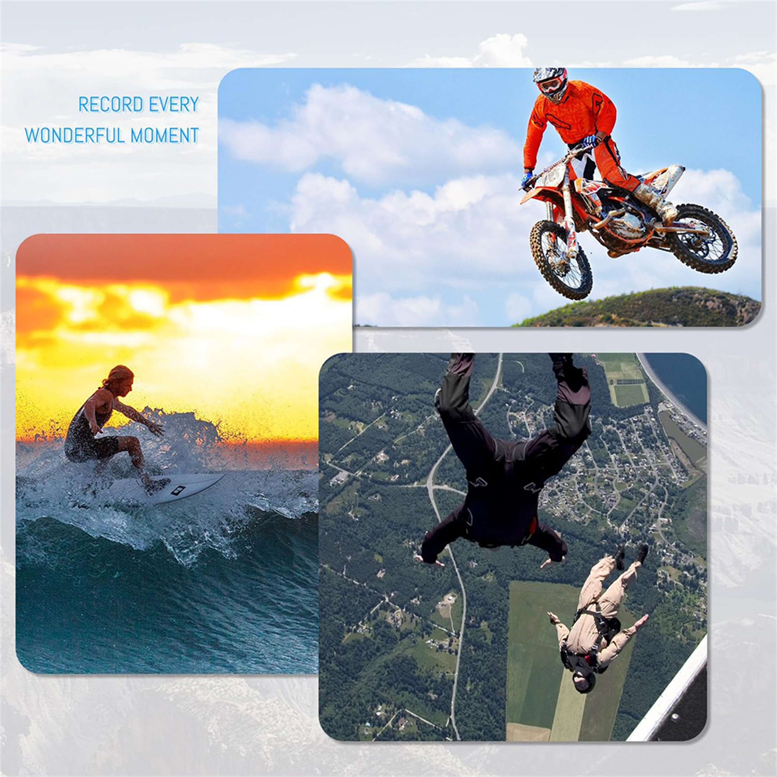 Das Bild zeigt drei Action-Aufnahmen: Surfen, Motocross und Fallschirmspringen, alles unter einem Himmel mit Sonnenuntergang.