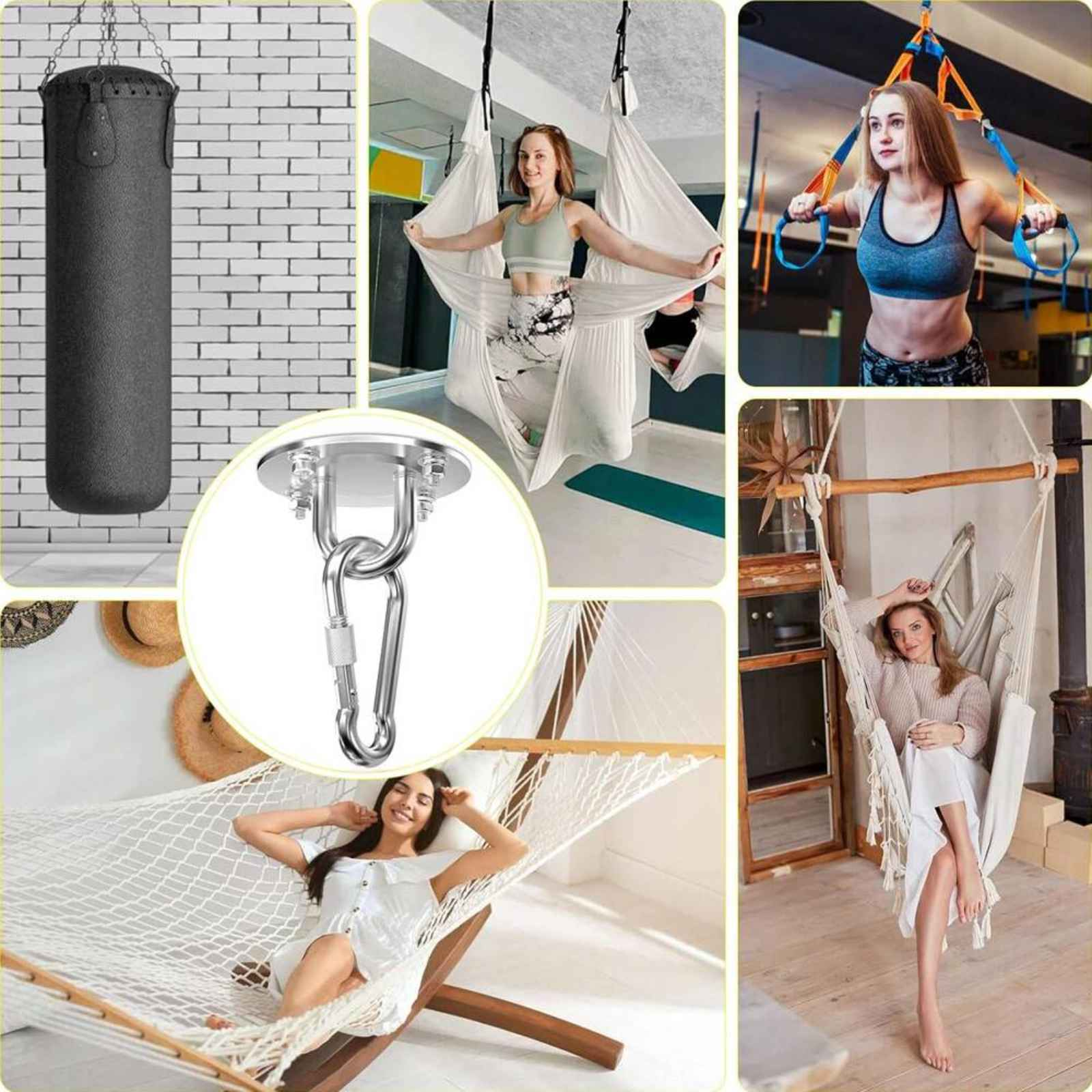Collage von Fitnessaktivitäten: Boxsack, Yoga-Hängematte, TRX und Hängematte.