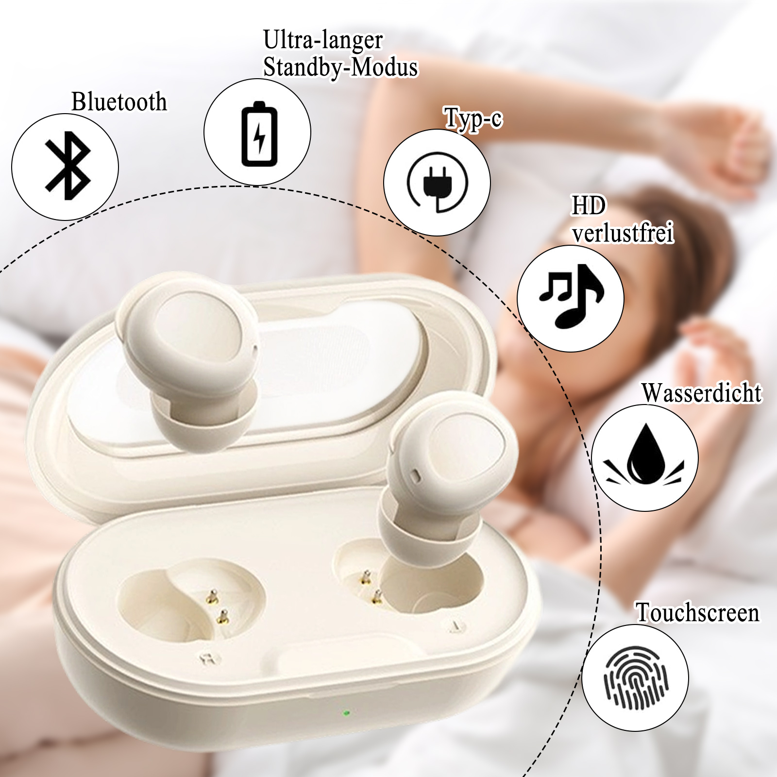 Ohrhörer in einem Ladeetui, mit Symbolen für Bluetooth, Akku, Typ-C, HD, wasserdichte und Touchscreen-Funktionen.