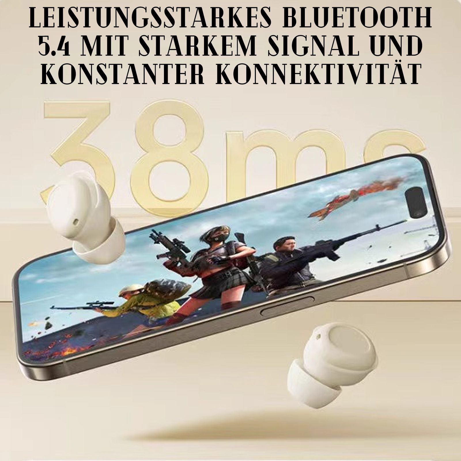 Ohrhörer und ein Smartphone, das eine Spielszene mit Soldaten zeigt.