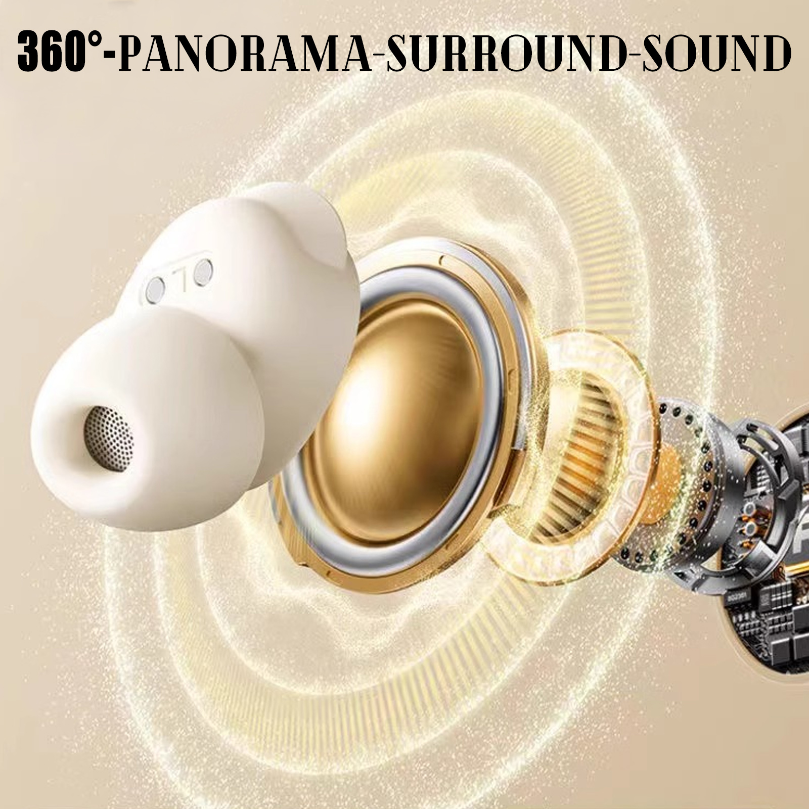 Das Bild zeigt Ohrhörer mit einem Schallwellendiagramm. Die Grafik sagt 360° Panorama-Surround-Sound.