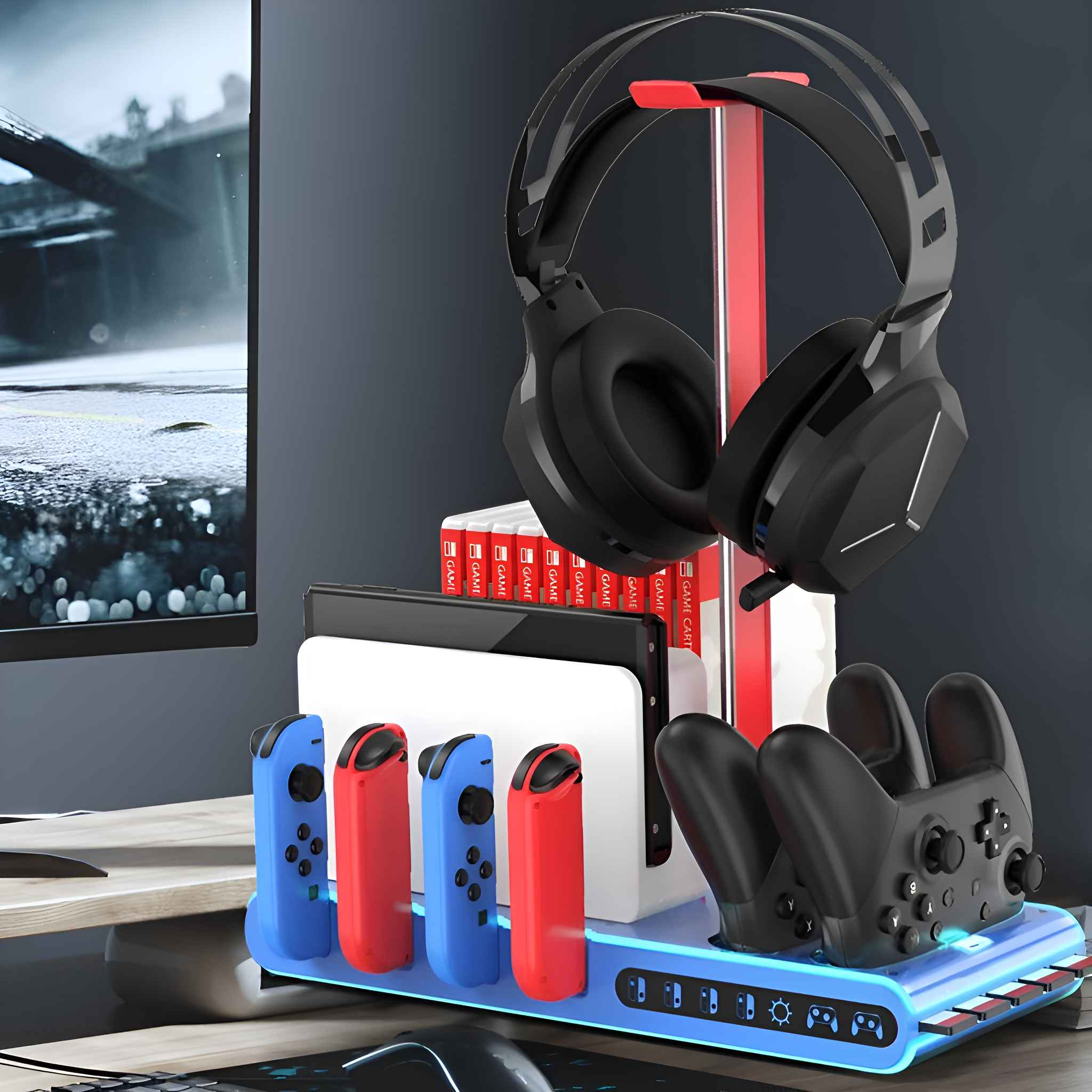 Gaming-Station mit Controllern, Kopfhörern und Spielkassetten. Blaues und rotes Farbschema.
