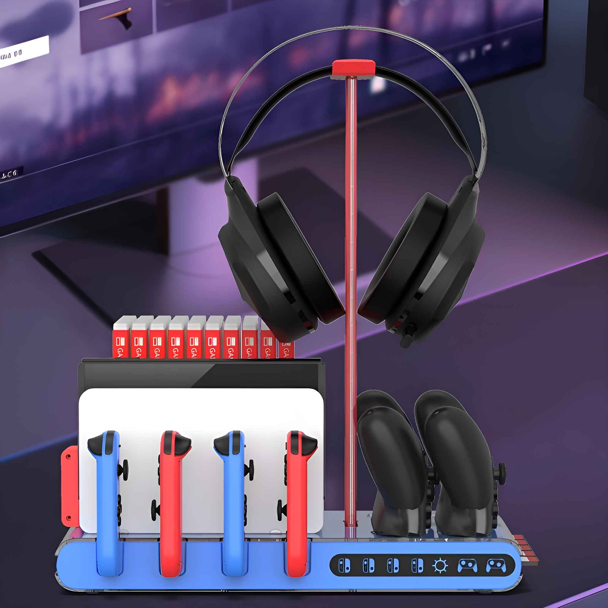 Gaming-Station mit Controllern, Kopfhörern und Spielkassetten. Lila und schwarzer Hintergrund.