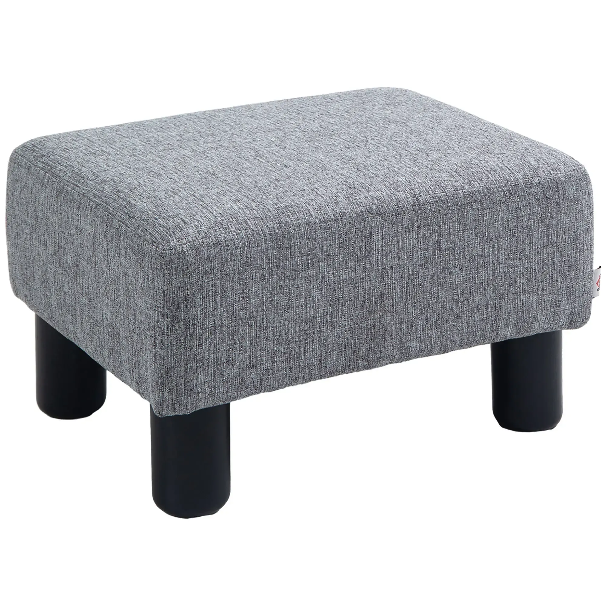 Grauer, gepolsterter Fußhocker mit schwarzen Beinen, schlichtes Design.