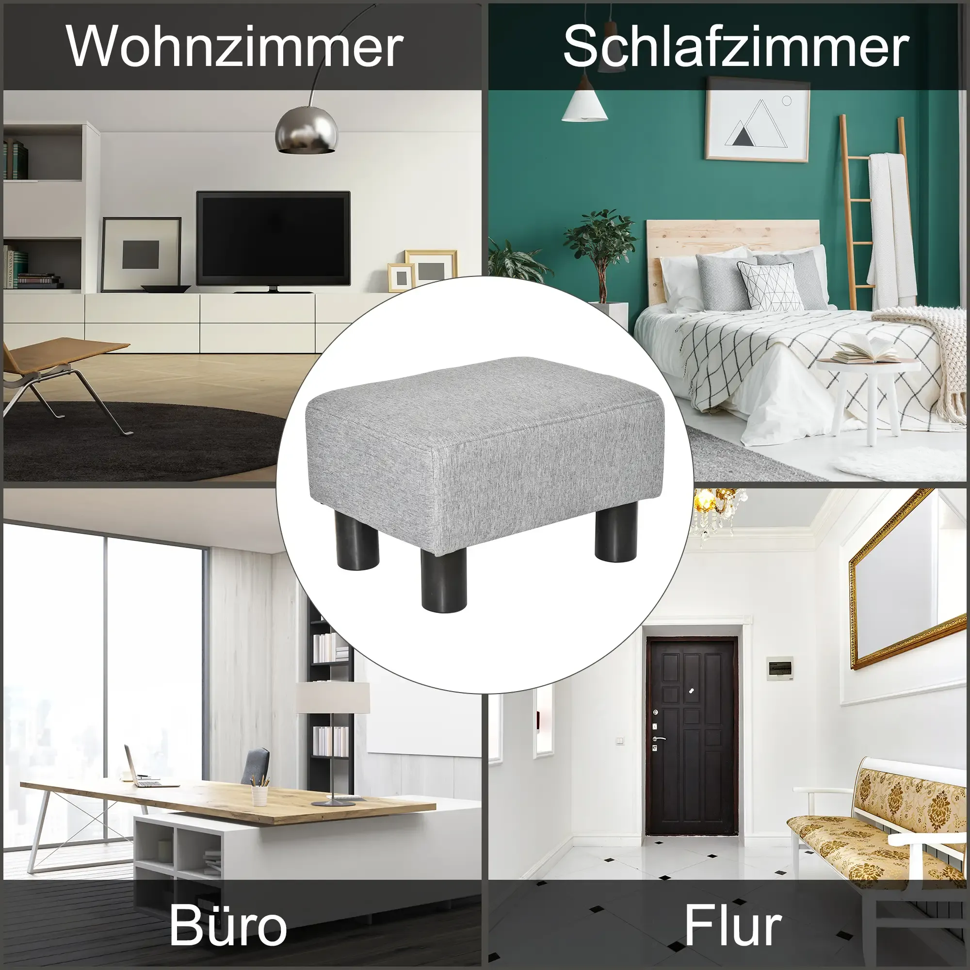 Grauer Fußhocker in verschiedenen Raumeinstellungen: Wohnzimmer, Schlafzimmer, Büro und Flur.