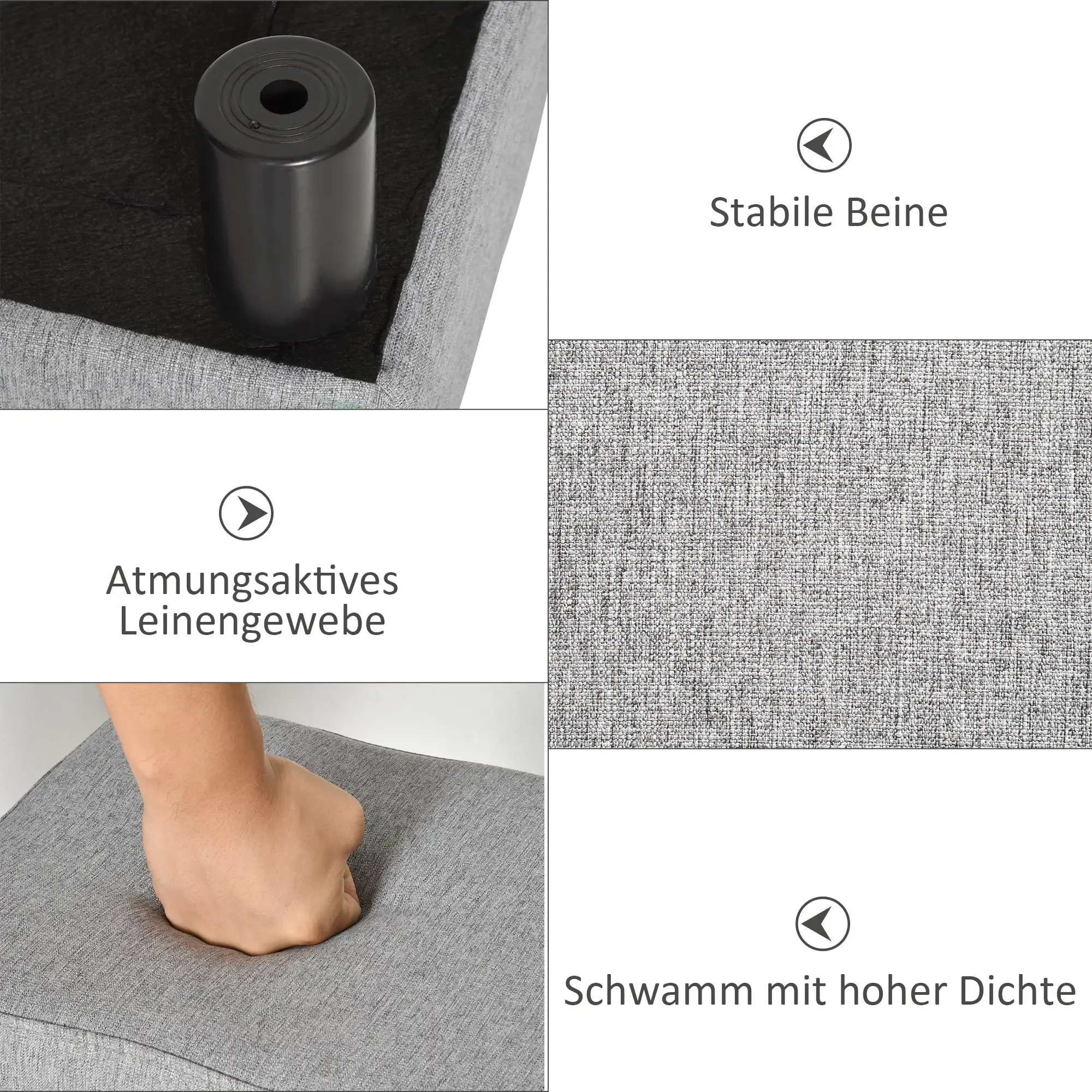 Detailansicht eines Hockers, zeigt Beine, Stoffstruktur und Schaumstoff.