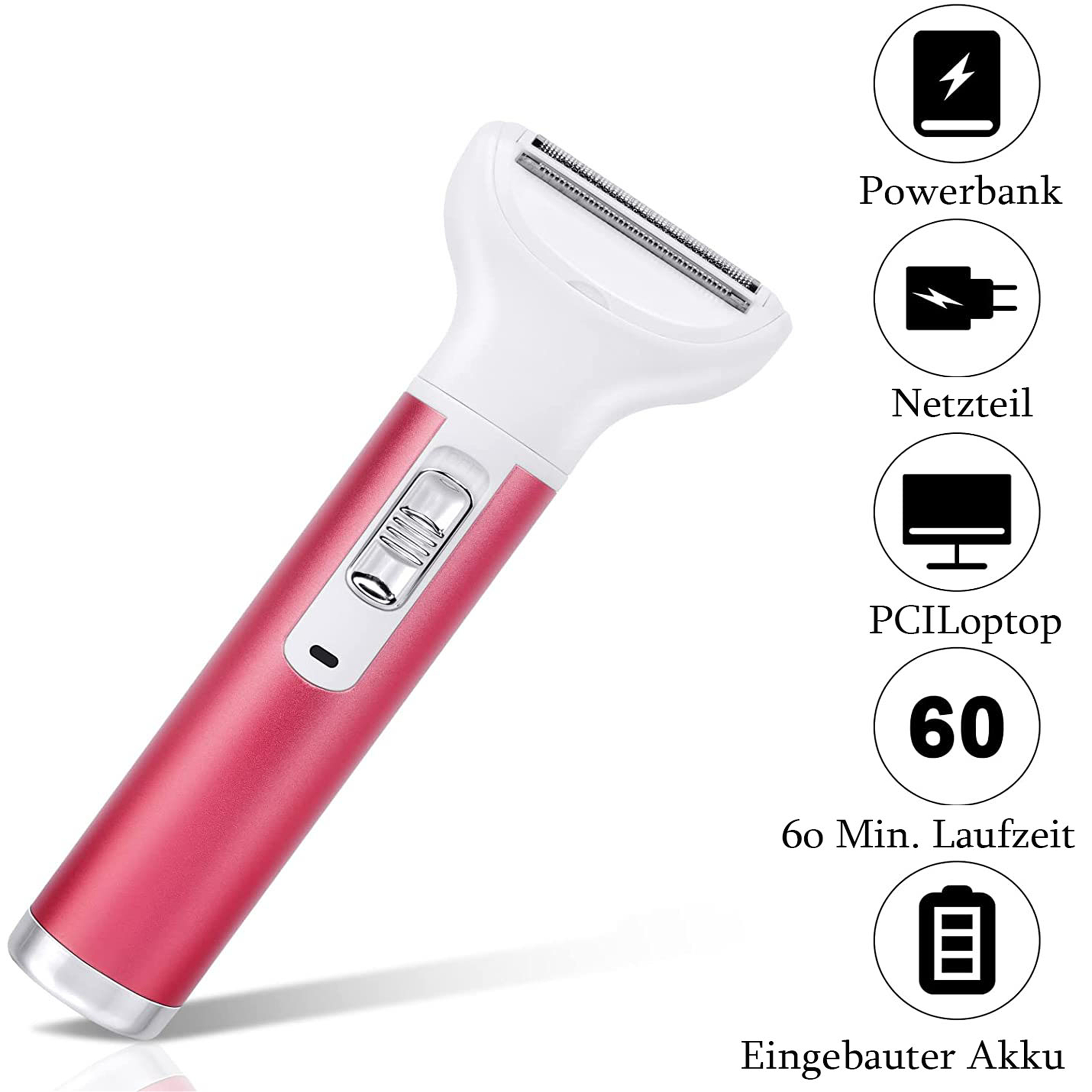 Ein pinkfarbener und weißer Elektrorasierer mit Symbolen, die Funktionen wie eine Powerbank und Akkulaufzeit anzeigen.