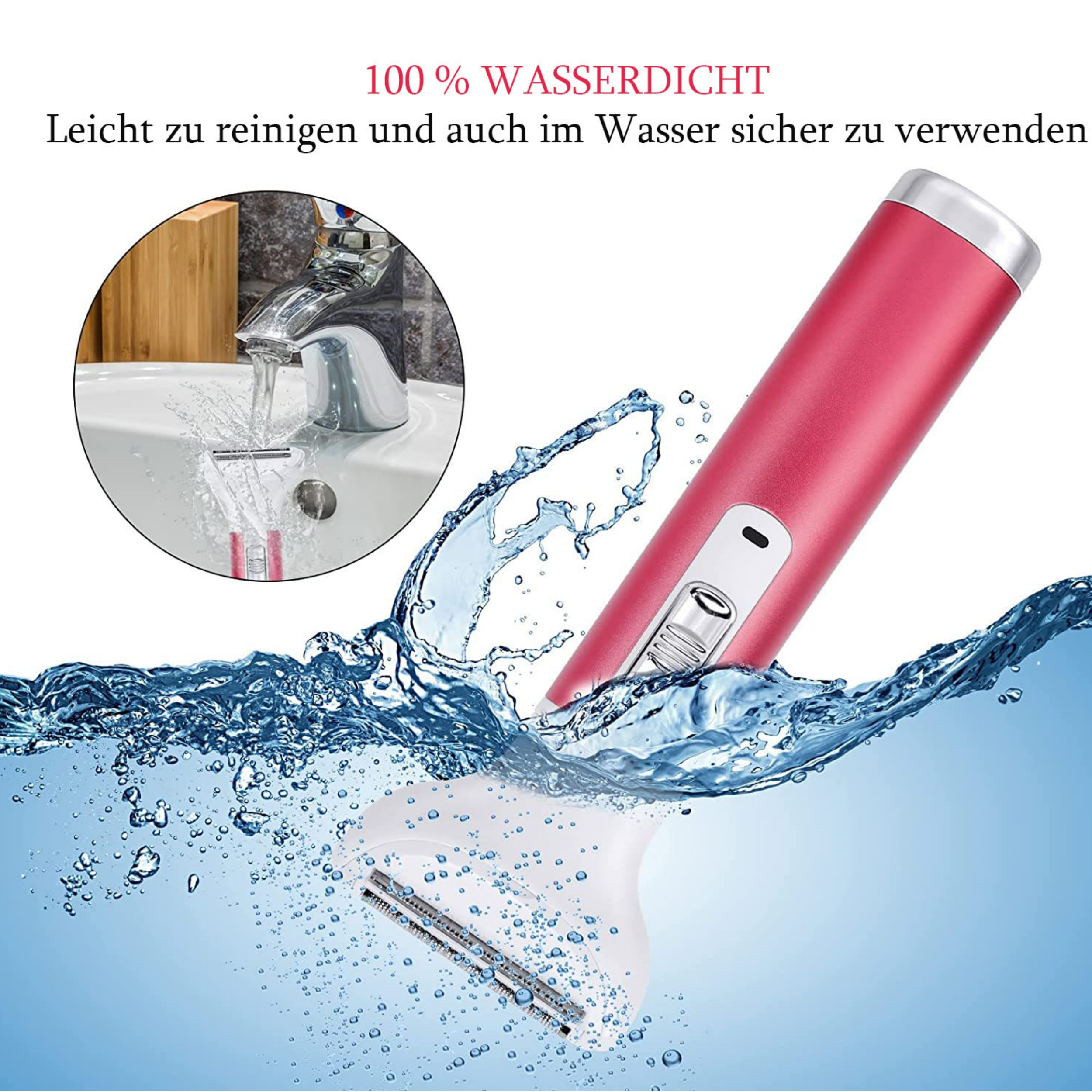 Ein pinkfarbener Elektrorasierer im Wasser, mit fließendem Wasser im Hintergrund.