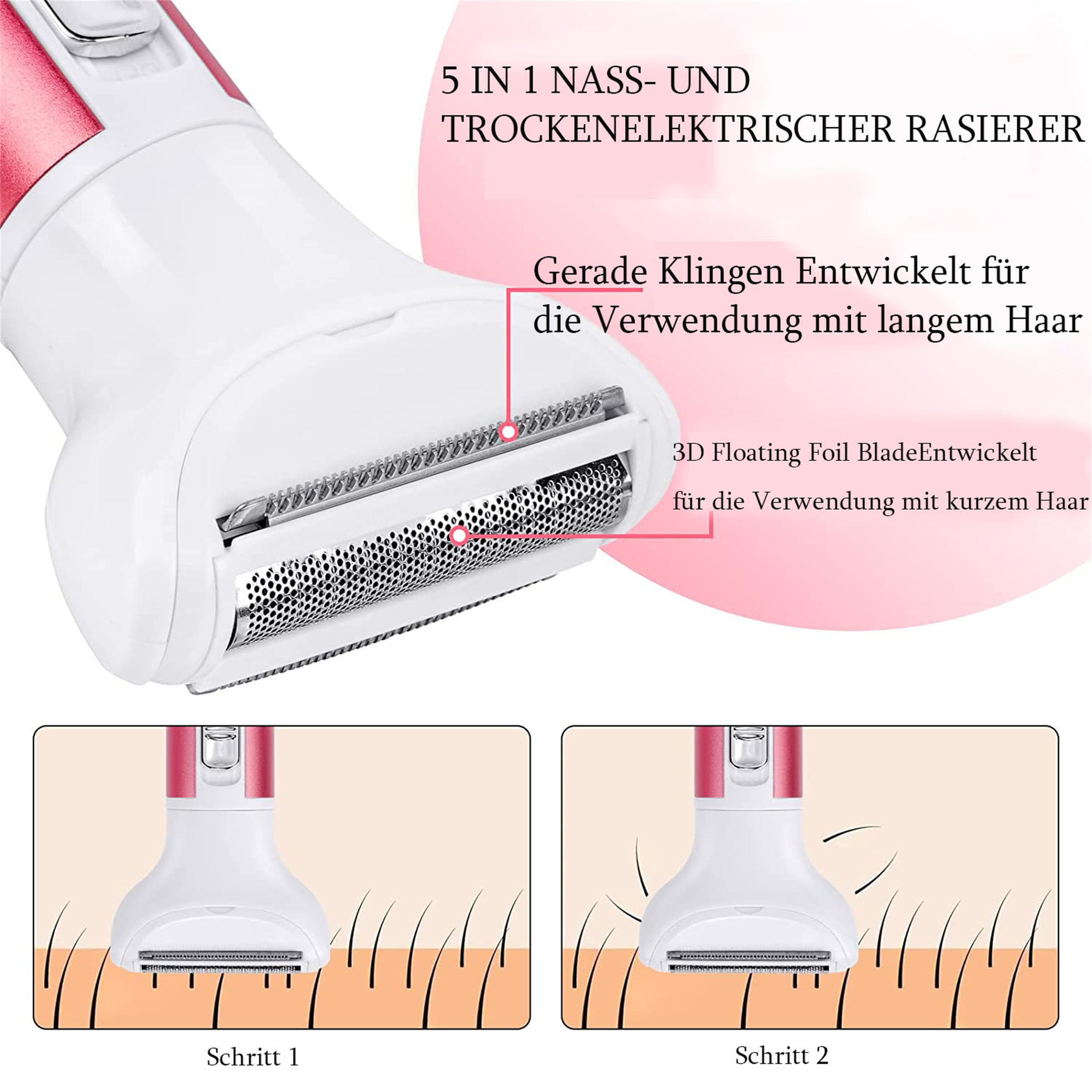 Nahaufnahme eines Elektrorasiererkopfes mit einem Diagramm, das den Haarentfernungsprozess in zwei Schritten zeigt.