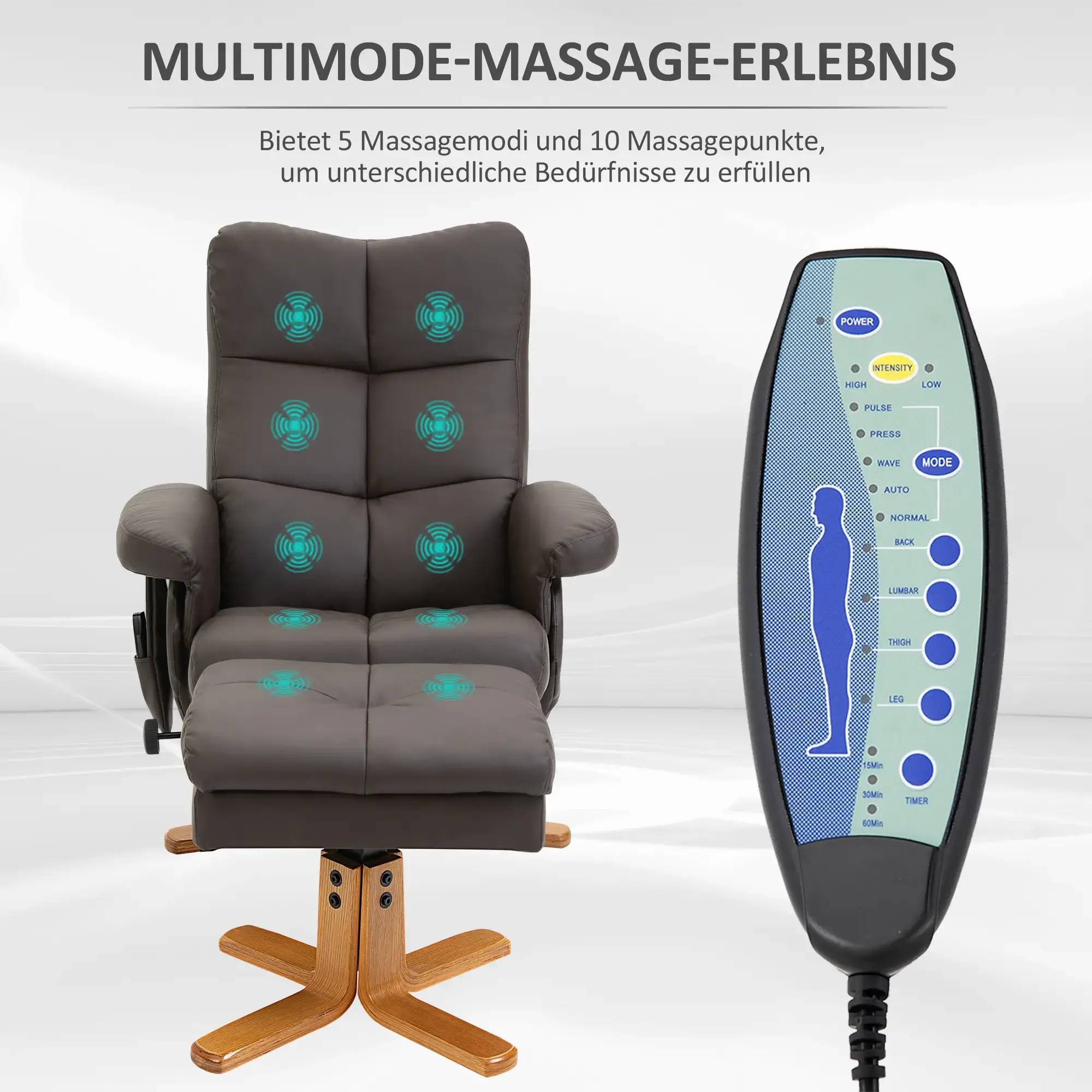 Ein grauer Massagesessel mit Fernbedienung. Der Stuhl hat eine Fußstütze.