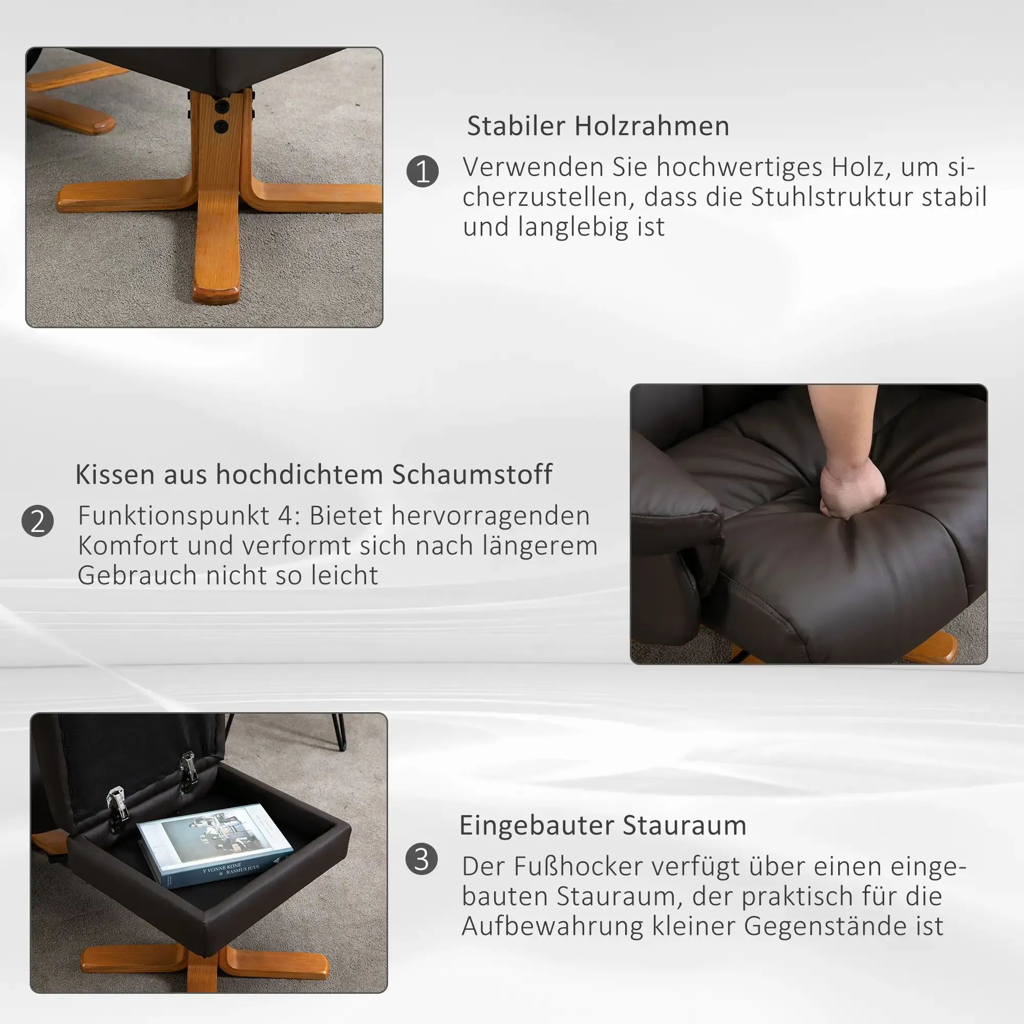 Nahaufnahmen des Relaxsessels, Holzsockels und Staufachs.