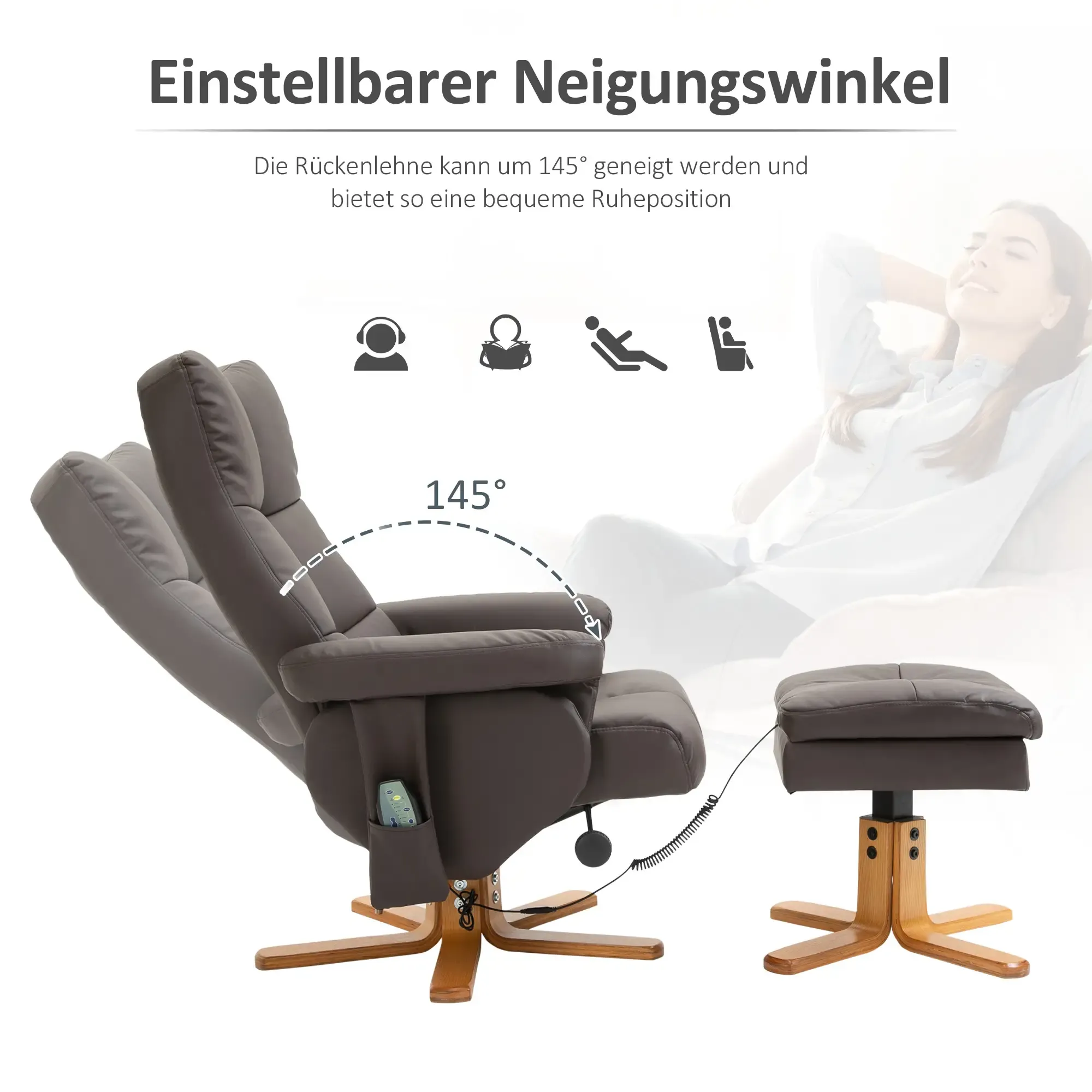 Brauner Relaxsessel mit Fußstütze. Der Stuhl befindet sich in Liegeposition, im Hintergrund eine Frau.