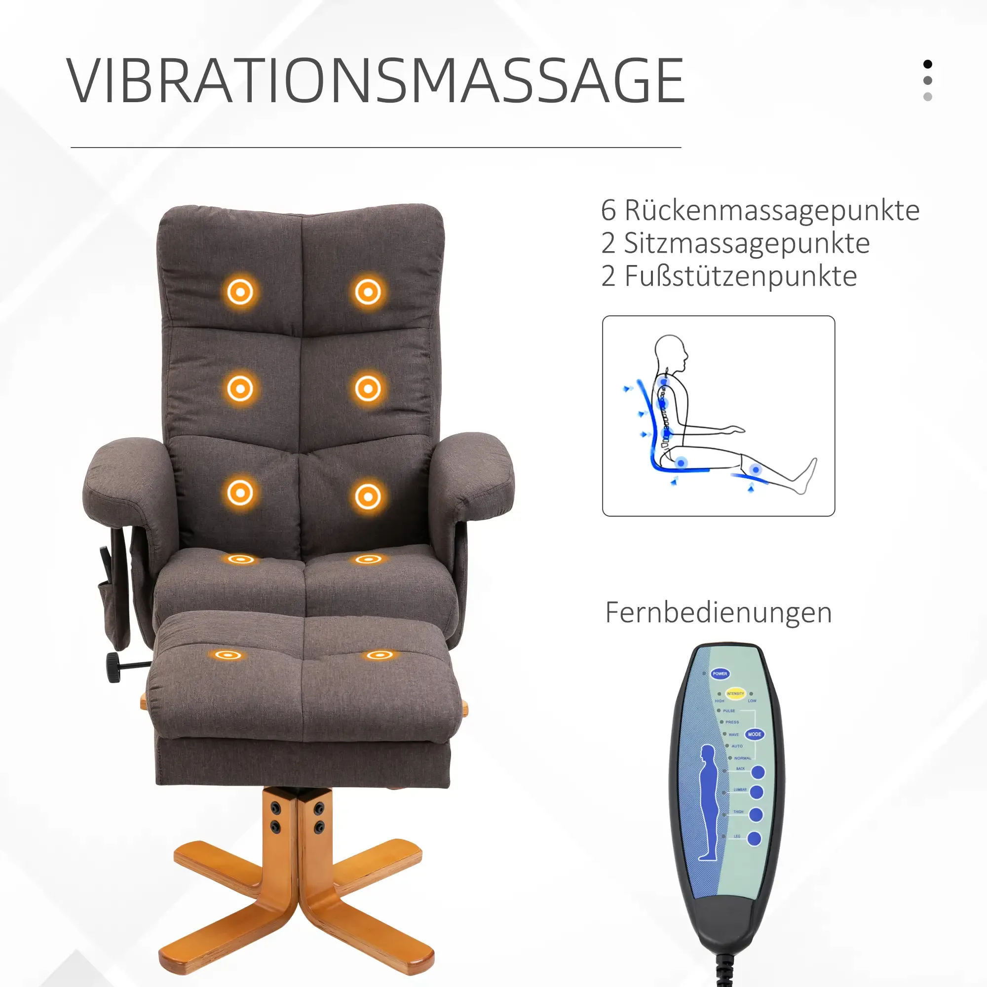 Ein grauer Massagesessel mit Fußstütze und Fernbedienung. Der Stuhl hat Massagepunkte.