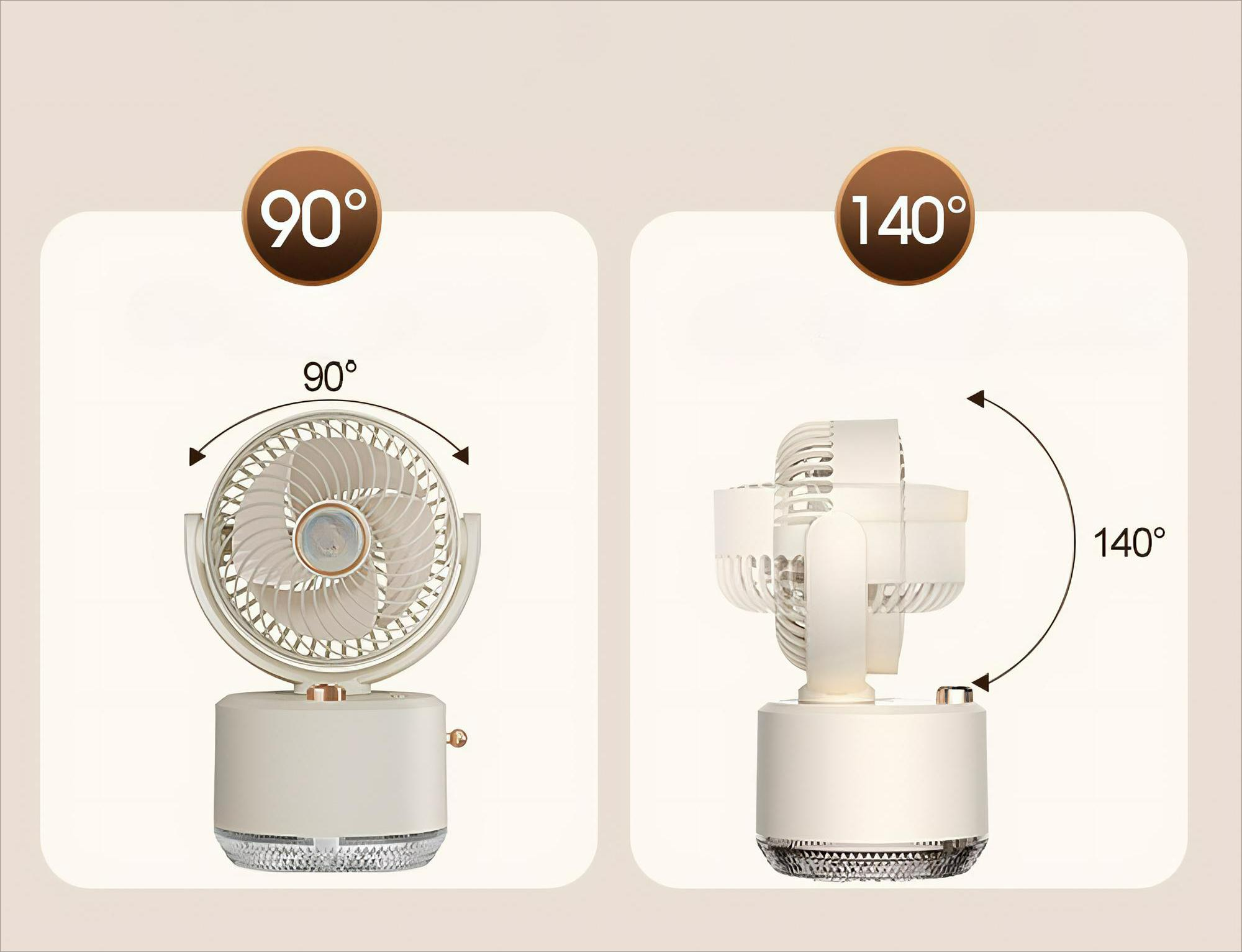 Zwei Ventilatoren, die verschiedene Winkel zeigen. Einer ist gerade, der andere geneigt. Beide sind weiß und beige.