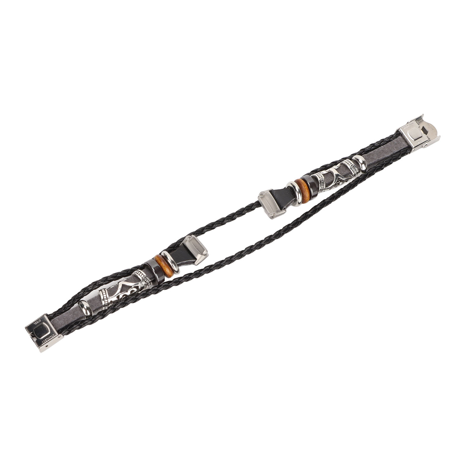 Ein schwarzes Lederarmband mit silbernen Akzenten. Weißer Hintergrund.