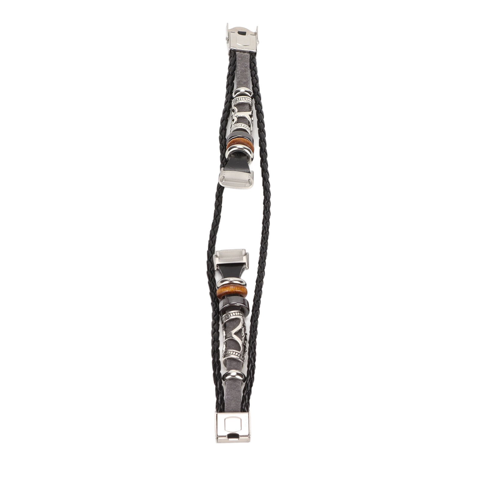 Armband. Schwarzes Lederband, silberne Metallakzente und Holzperlen. Zwei Schnallen und Verschlüsse.
