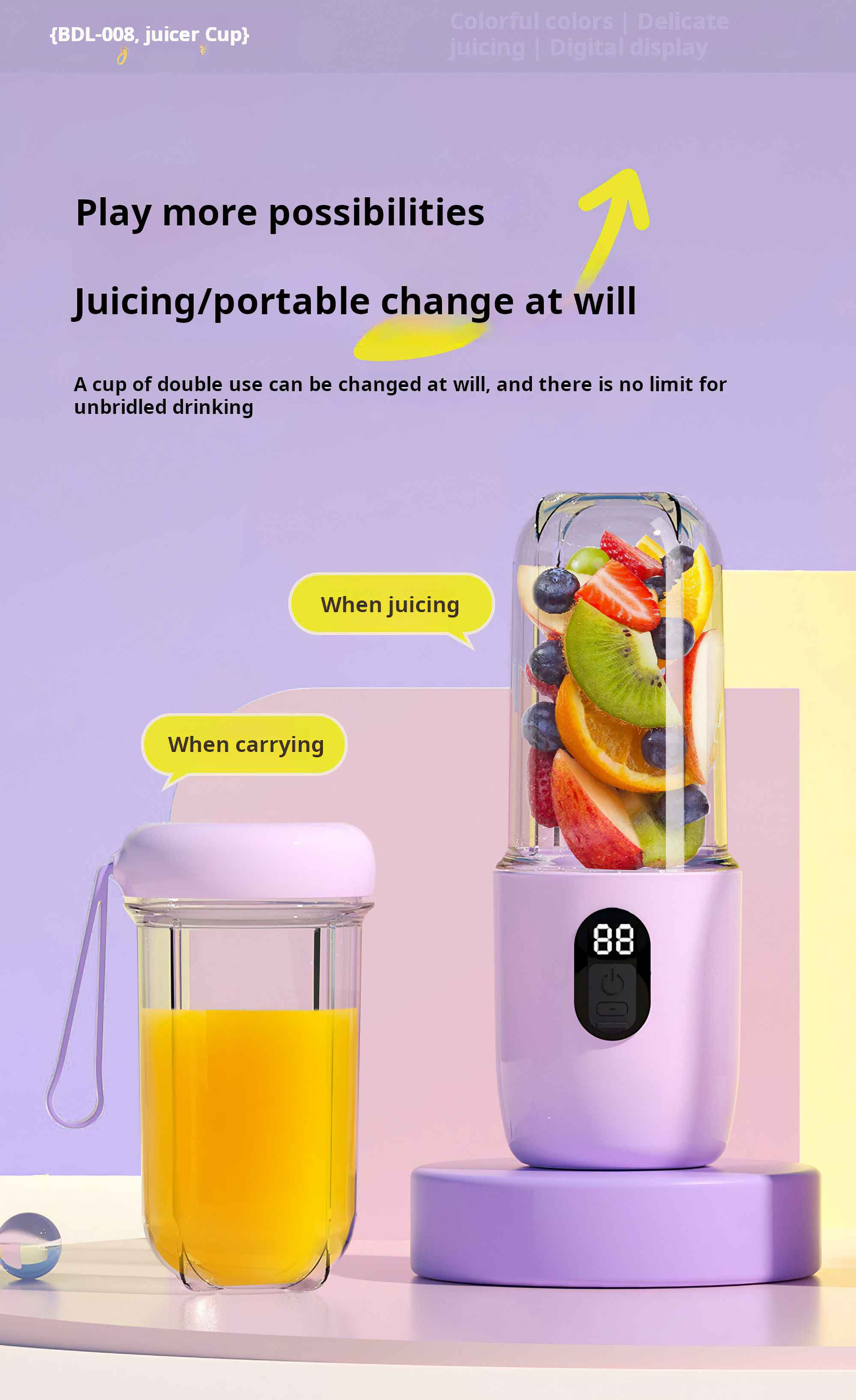 Lila tragbarer Mixer mit Orangensaft und einem durchsichtigen Behälter mit Früchten. Auch ein Behälter mit Saft.