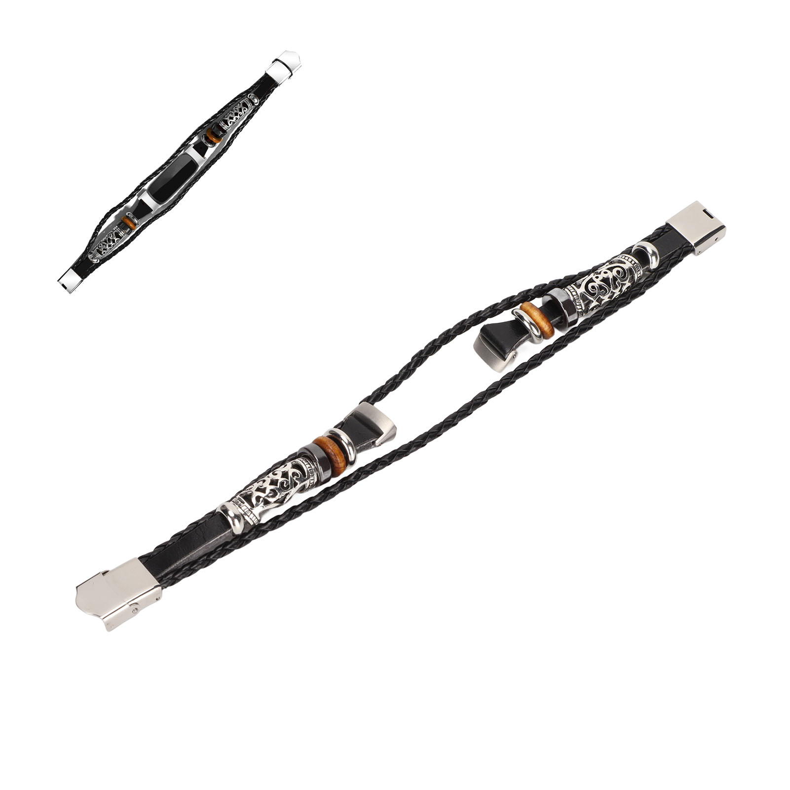 Zwei Lederarmbänder mit dekorativen Metall- und Holzelementen. Eines ist zerlegt.