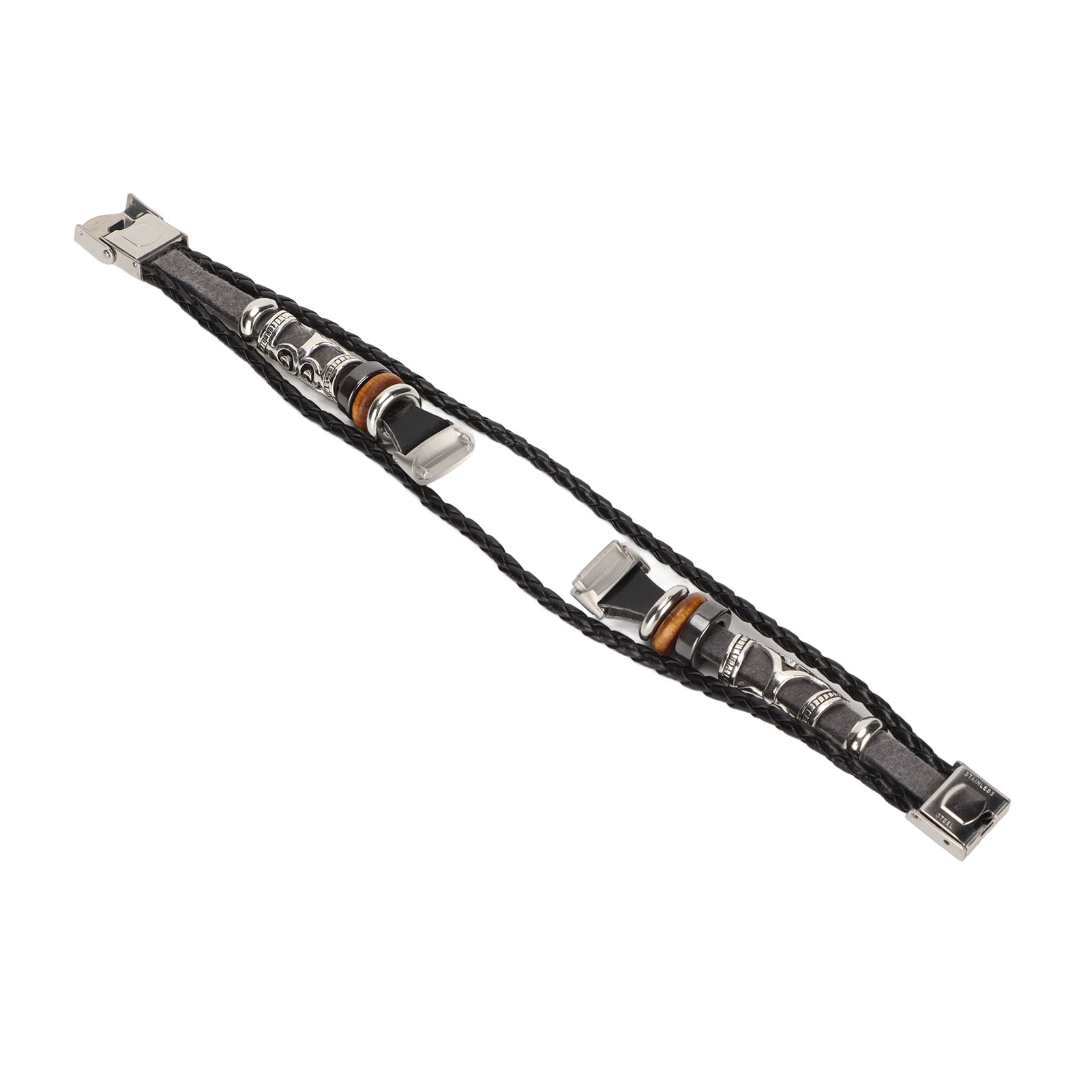 Armband. Schwarzes Lederband, silberne Metallakzente und Holzperlen. Zwei Schnallen und Verschlüsse.