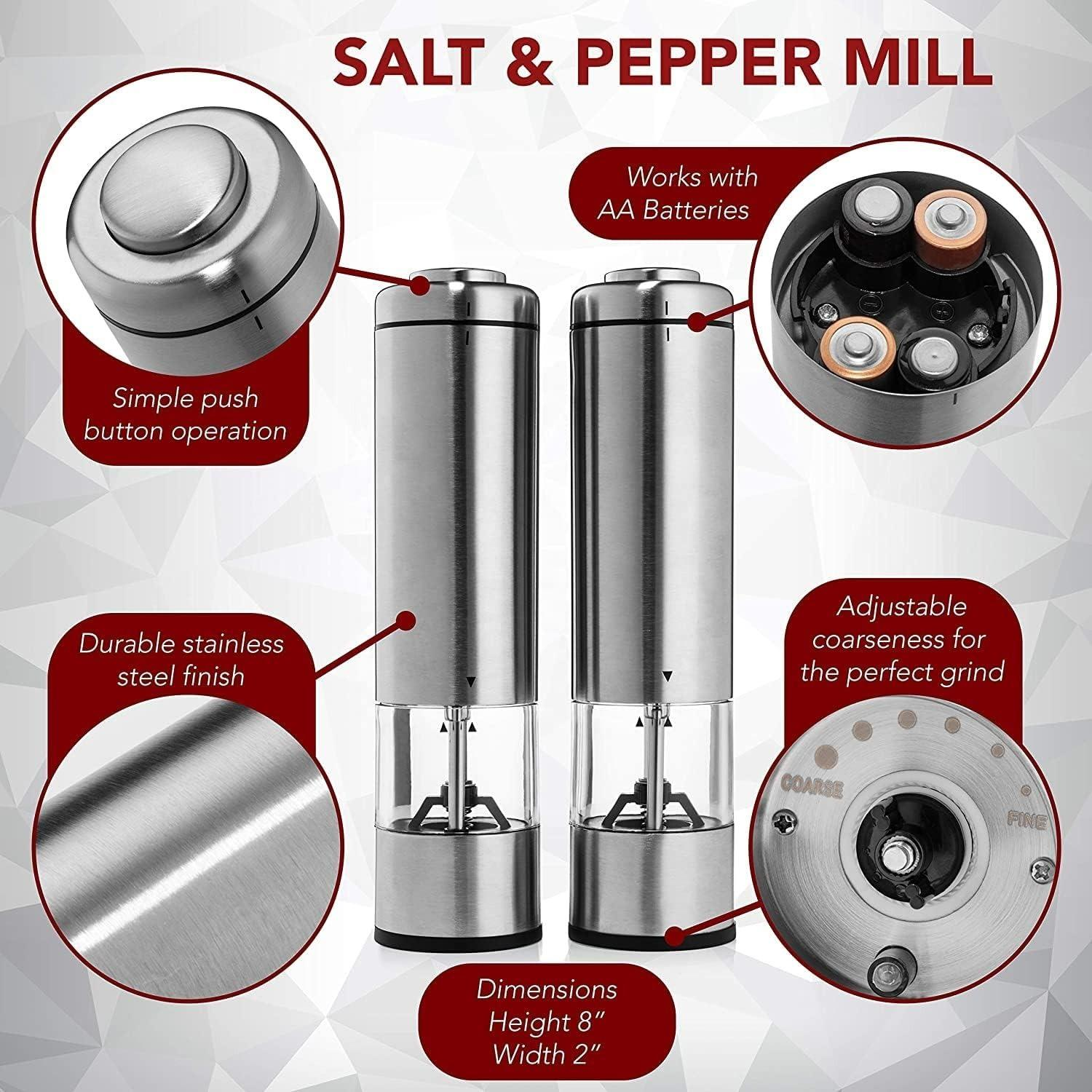 Salz- und Pfeffermühle. Edelstahl, Druckknopfbedienung, einstellbare Körnung für den perfekten Mahlgrad.