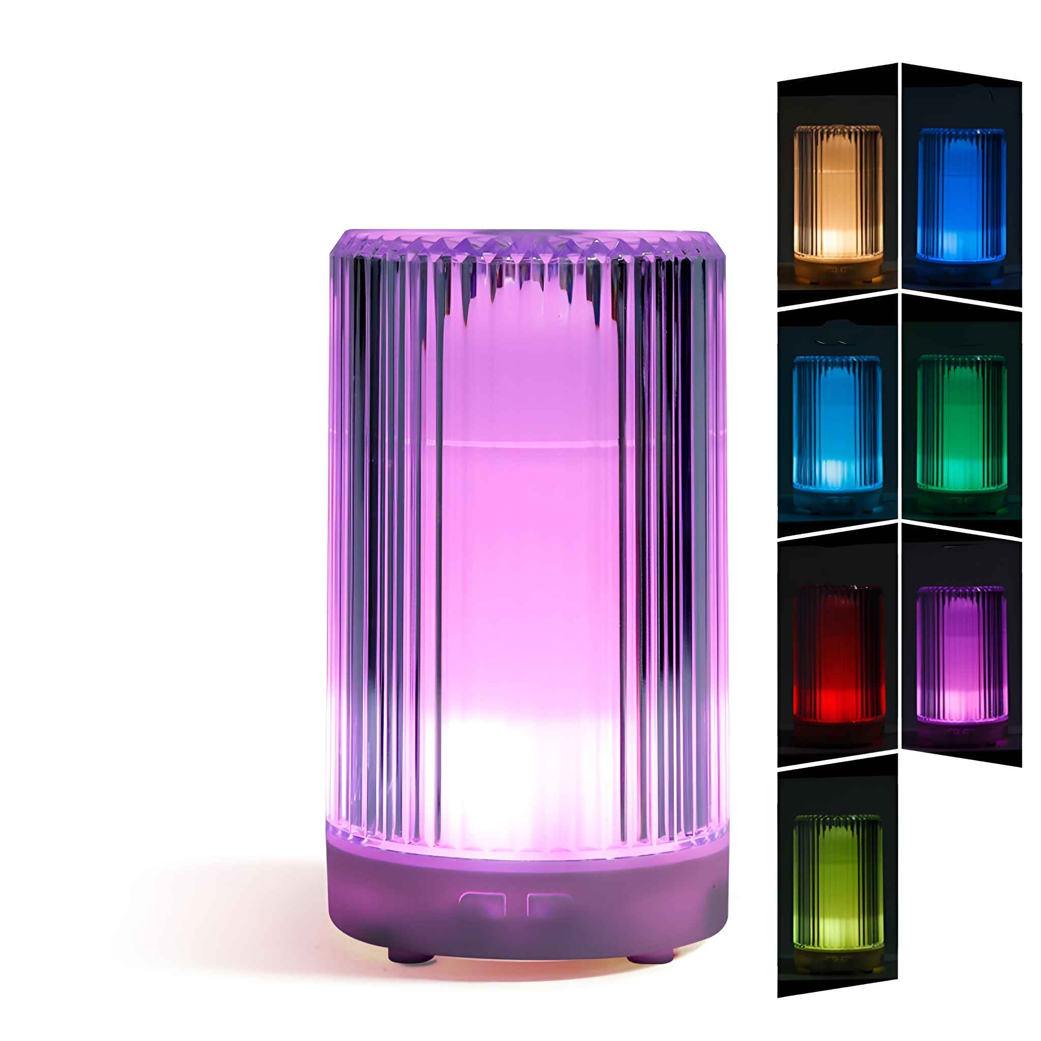 Eine zylindrische, mehrfarbige LED-Lampe. Sie strahlt ein weiches, lila Leuchten aus.