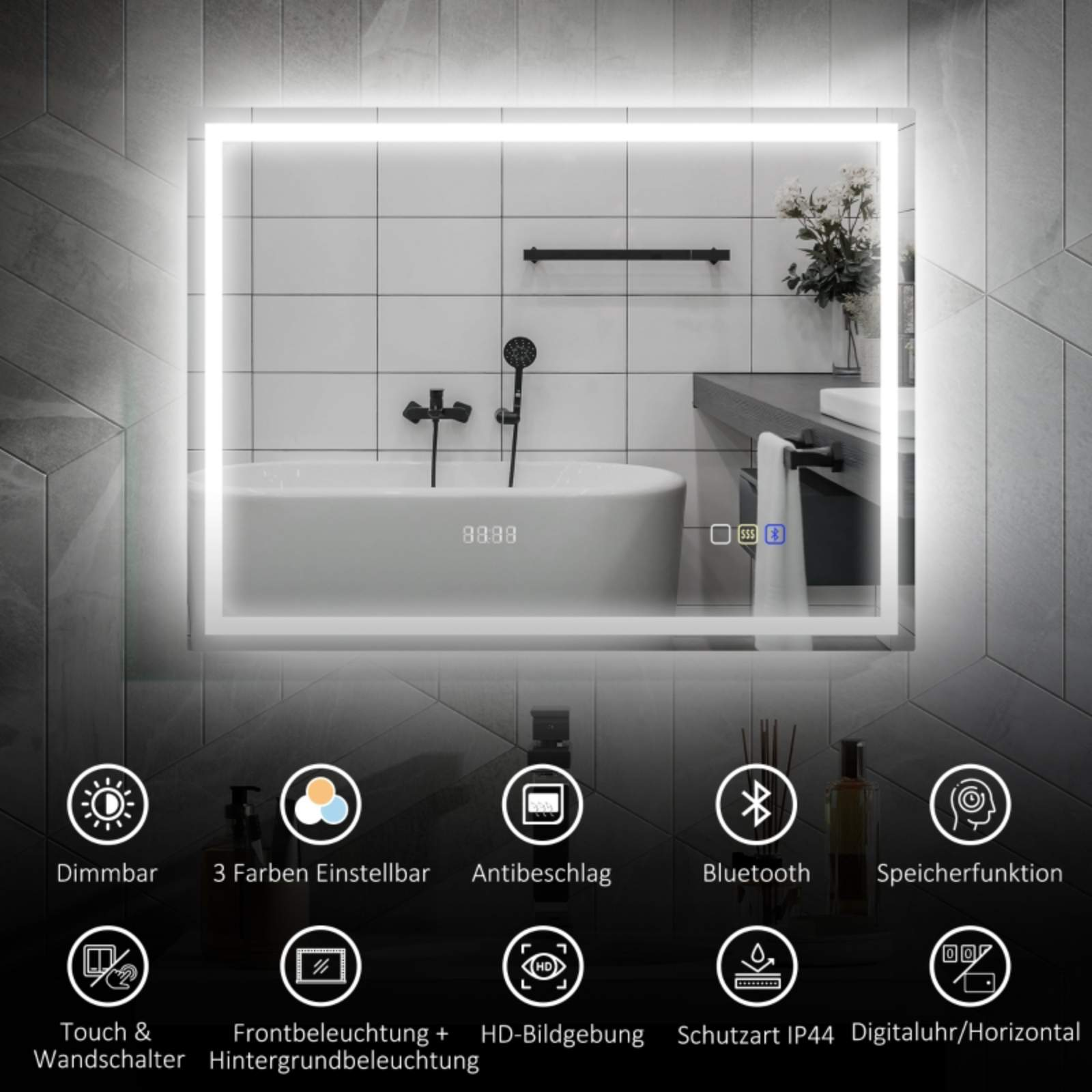 Ein beleuchteter Spiegel über einer Badewanne. Er hat eine Digitaluhr und Touch-Bedienelemente.
