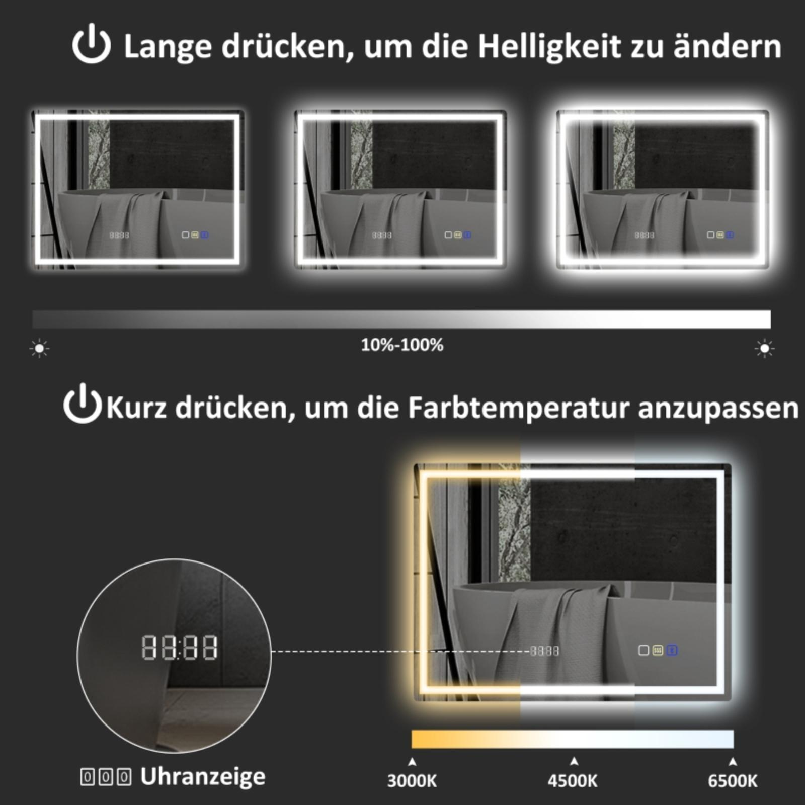 Drei Spiegel mit verschiedenen Beleuchtungstemperaturen und einem Helligkeitsregler.