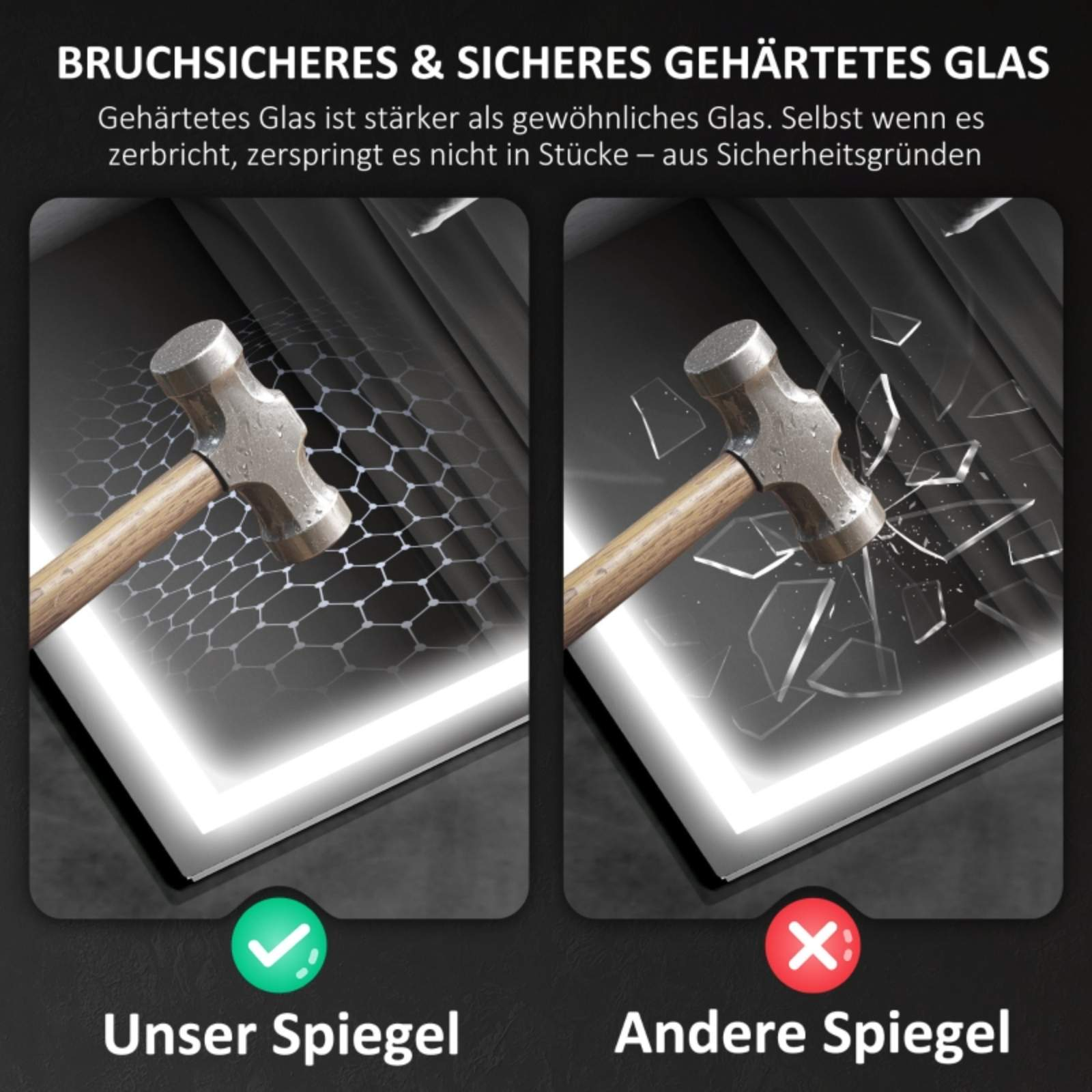 Zwei Bilder, auf denen ein Spiegel mit einem Hammer geschlagen wird. Einer zerbricht, der andere nicht.