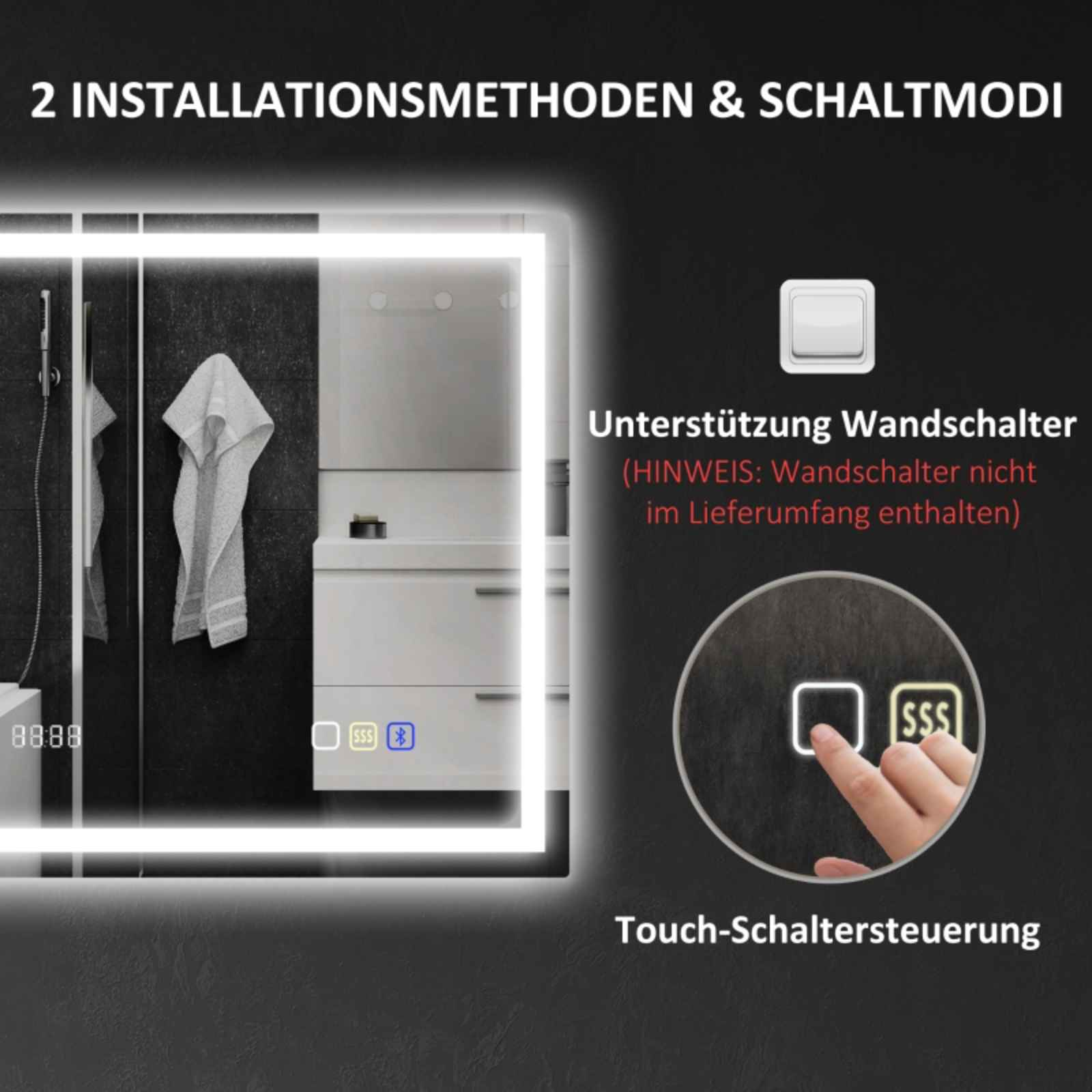 Beleuchteter Spiegel mit Touch-Bedienelementen, Hervorhebung der Wandunterstützung und des Designs.