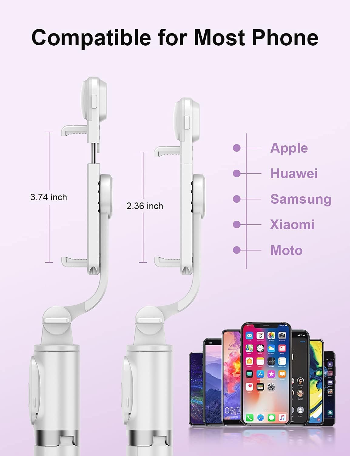 Selfie-Stick mit Telefonhaltern, Kompatibilität mit Apple, Huawei, Samsung, Xiaomi, Moto.
