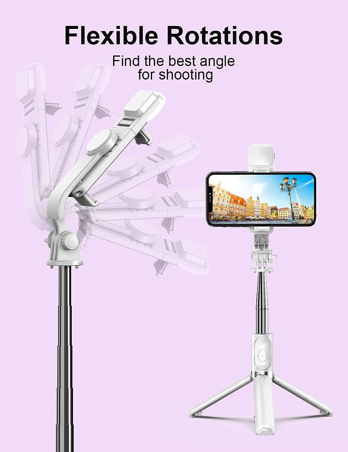 Selfie-Stick mit Telefon, zeigt flexible Drehungen, mit verschiedenen Winkeln zum Fotografieren.