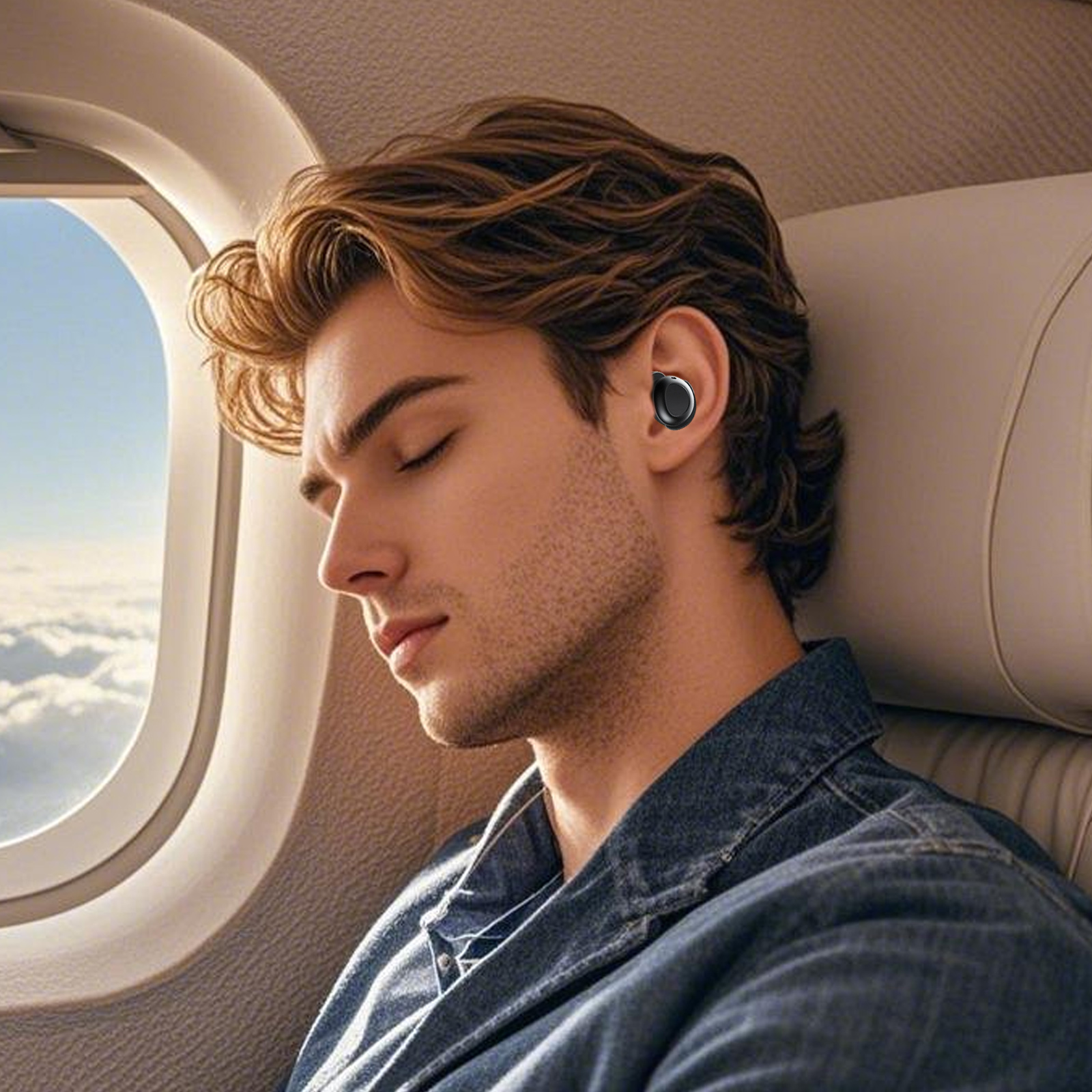 Ein Mann in einem Flugzeug, der in einem Ohr Kopfhörer trägt. Er ist entspannt und hat die Augen geschlossen.